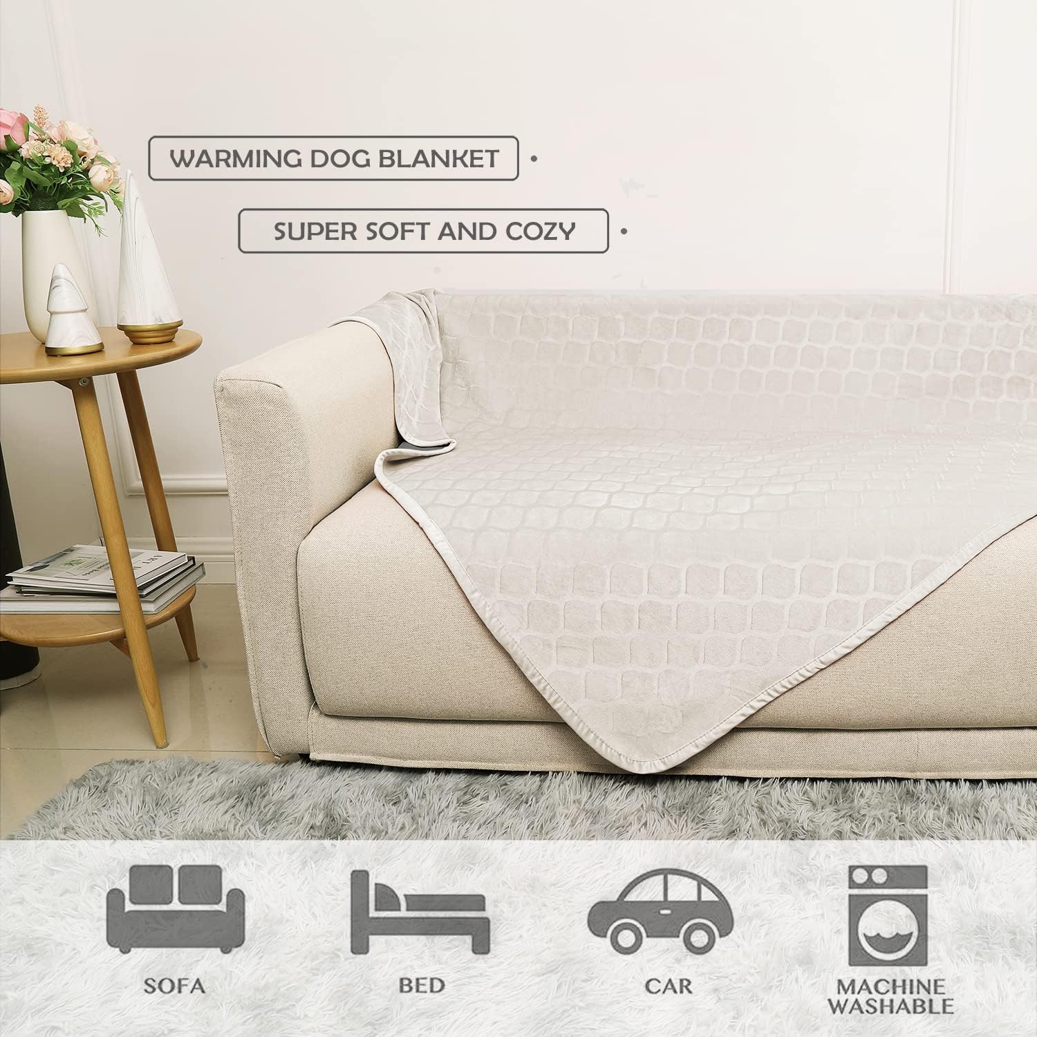 Waterproof Dog Blanket - 82x82 Inch Cozy Plush Pet Throw for Sofa & Couch | Moroccan Velvet Fuzzy Bed Cover (Cream & Sand) - Perfect for Indoor Lounging, Travel & Pet Protection