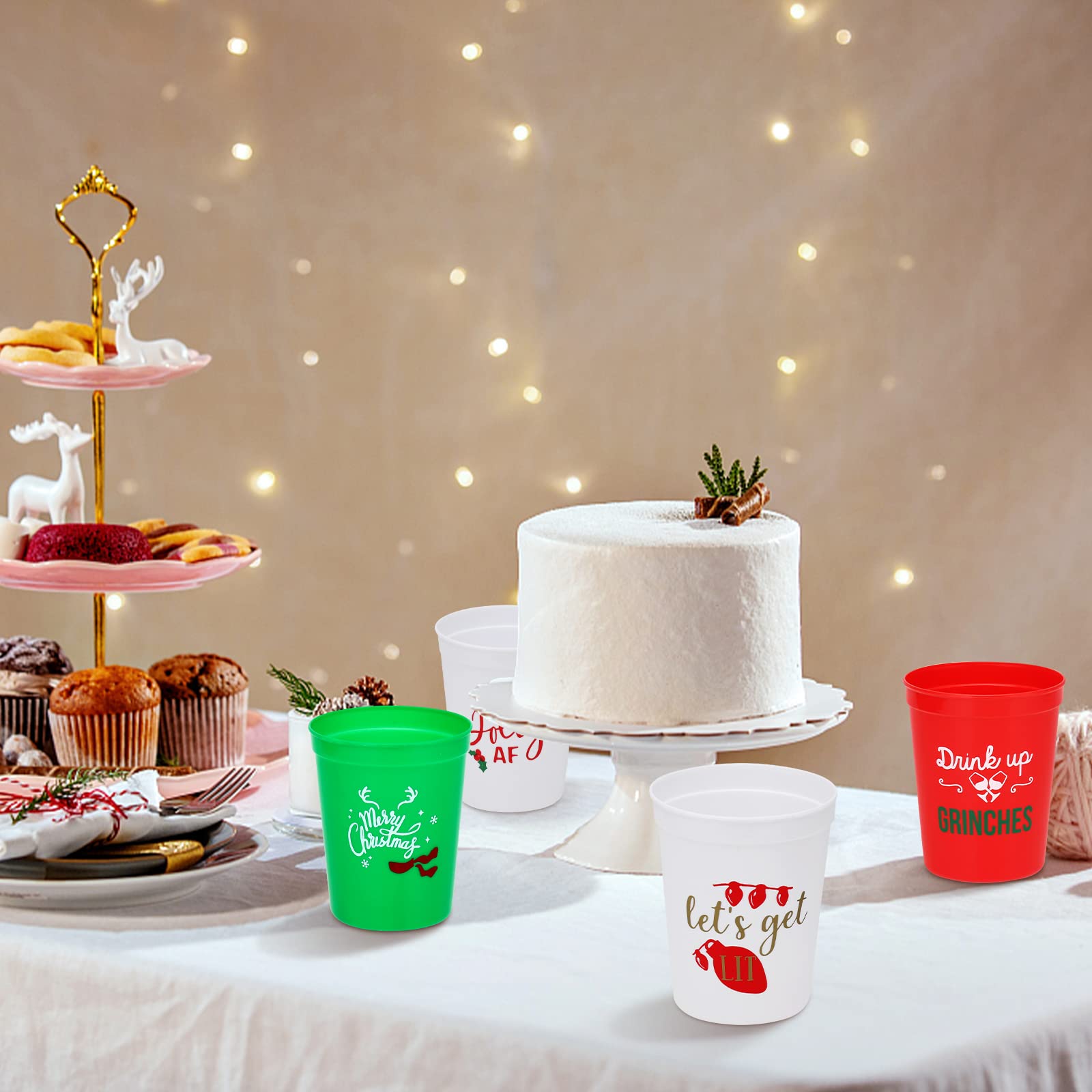 24 Pack Christmas Party Plastic Cups - 16oz Red & Green Holiday Stadium Cups with 4 Festive Drinking Pun Designs, Perfect for Christmas Party Supplies, Office Celebrations & Family Gatherings