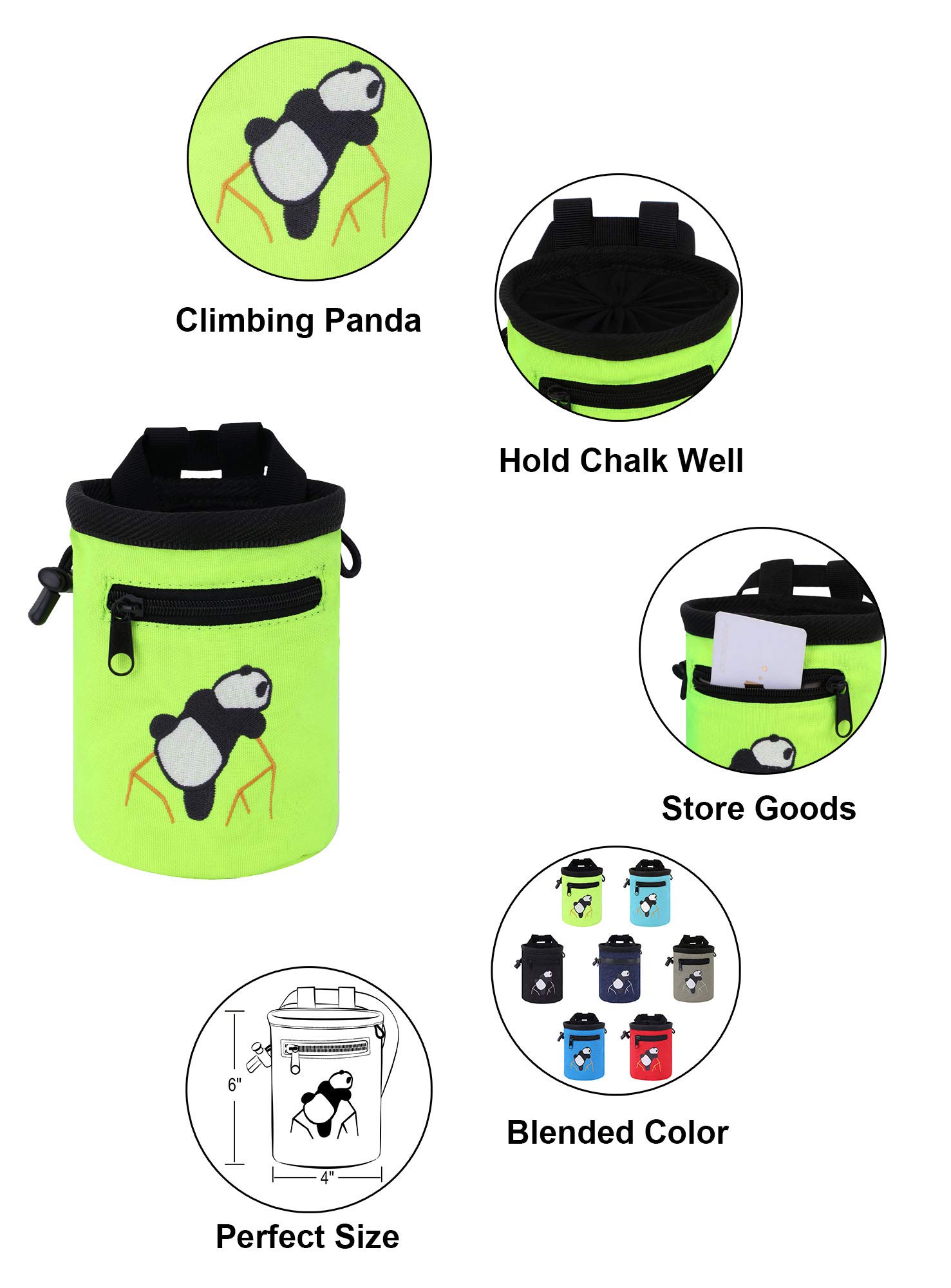 AMC Rock Climbing Chalk Bag with Panda Embroidery & Zipper Pocket - Perfect for Bouldering, Gym Training & Outdoor Climbing Adventures