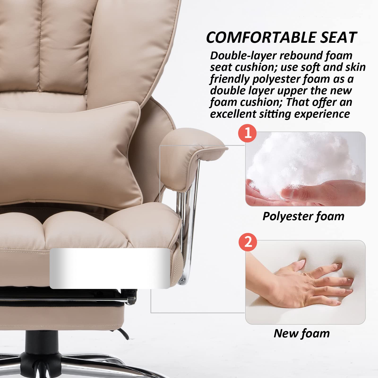 Efomao 400LBS Heavy Duty Executive Office Chair - Big and Tall PU Leather Computer Desk Chair with Adjustable Lumbar Support & Footrest - Dark Beige Ergonomic Chair for Home Office, Gaming & Workspace