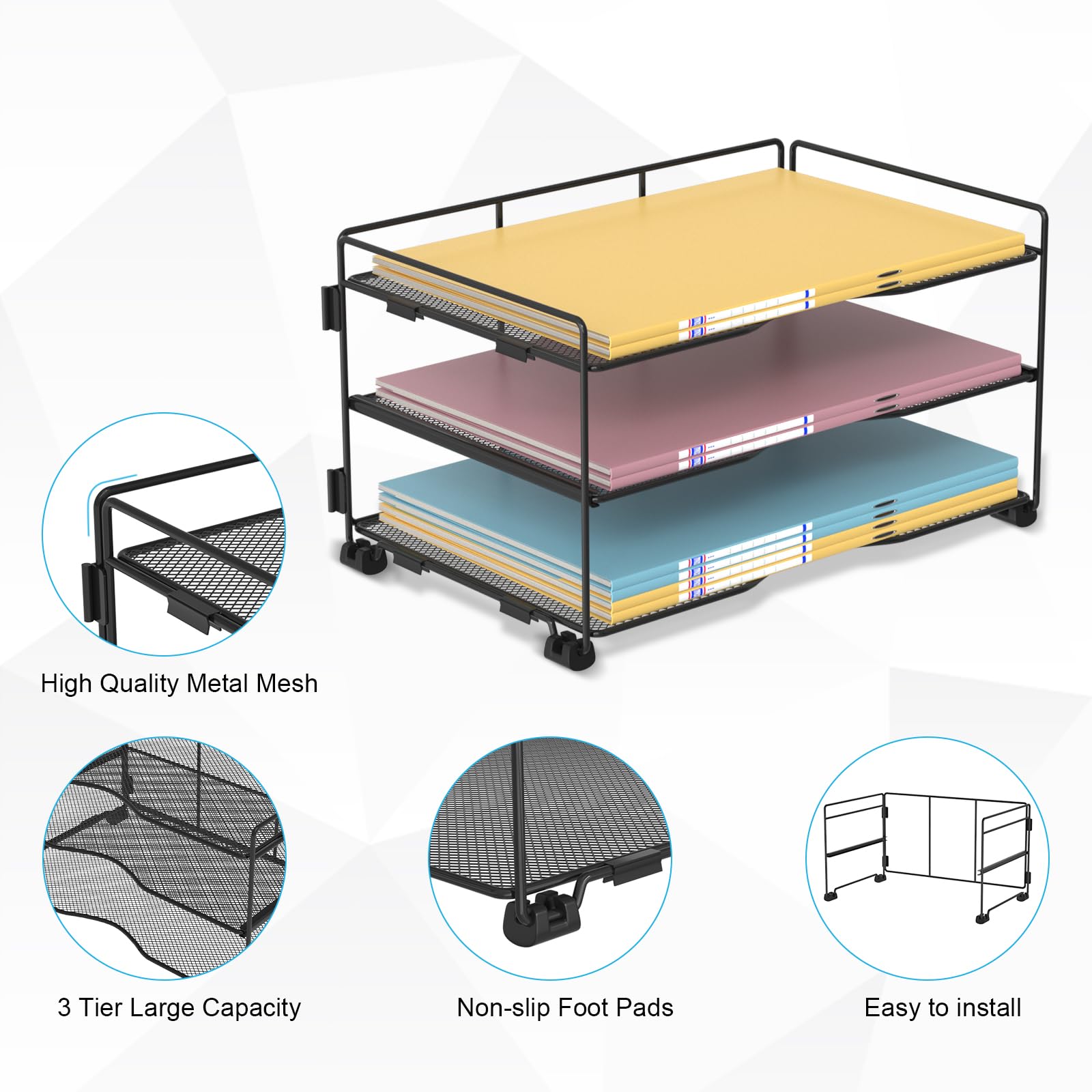 3-Tier Mesh Desk File Organizer - Black Letter & A4 Paper Sorter Tray for Office Organization - Perfect for Mail, Documents, and Office Supplies Storage