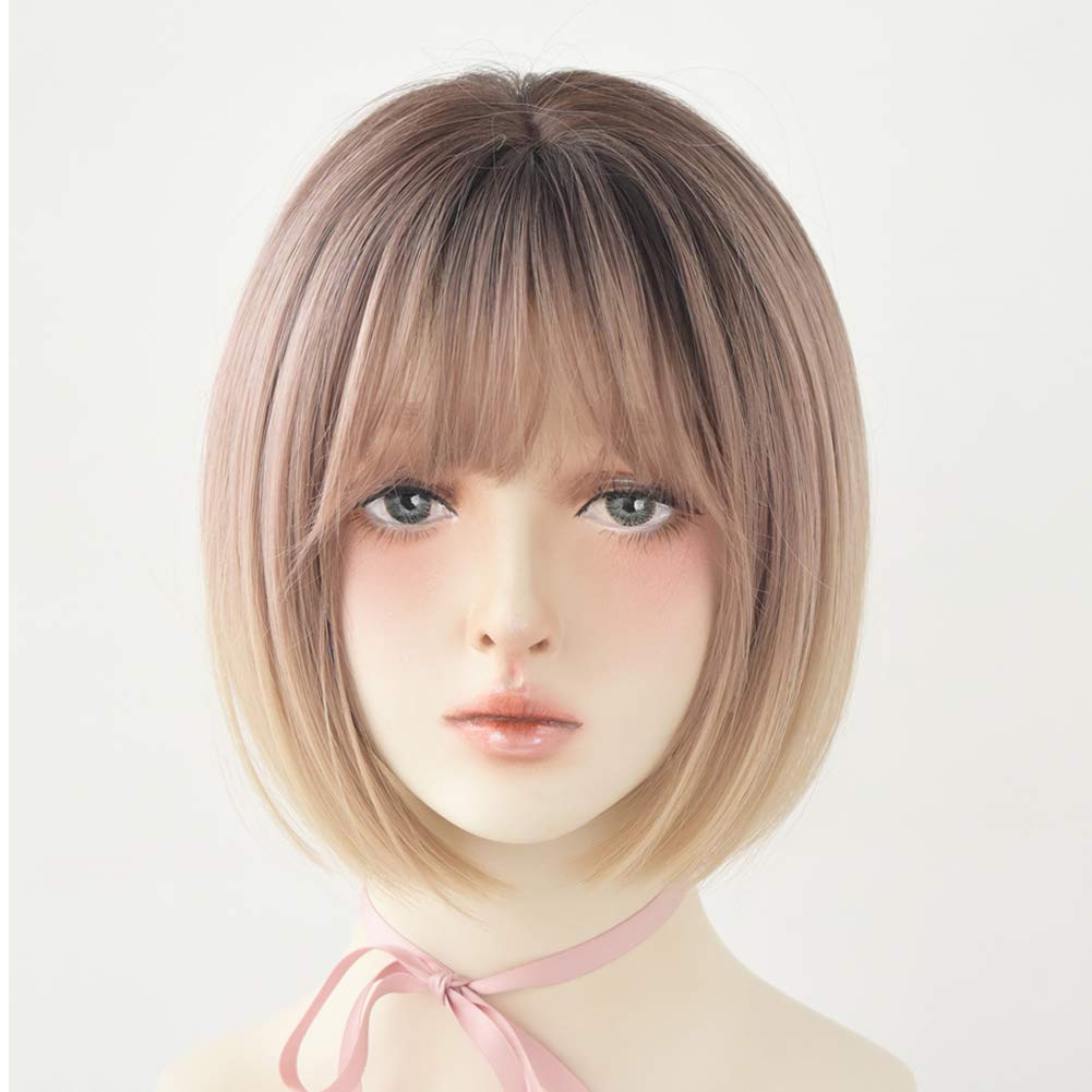 Natural Looking Blonde Short Bob Wig with Bangs - Straight Rose Golden Synthetic Hair for Women | Perfect for Daily Wear, Cosplay, and Party Events (Rose Gold)