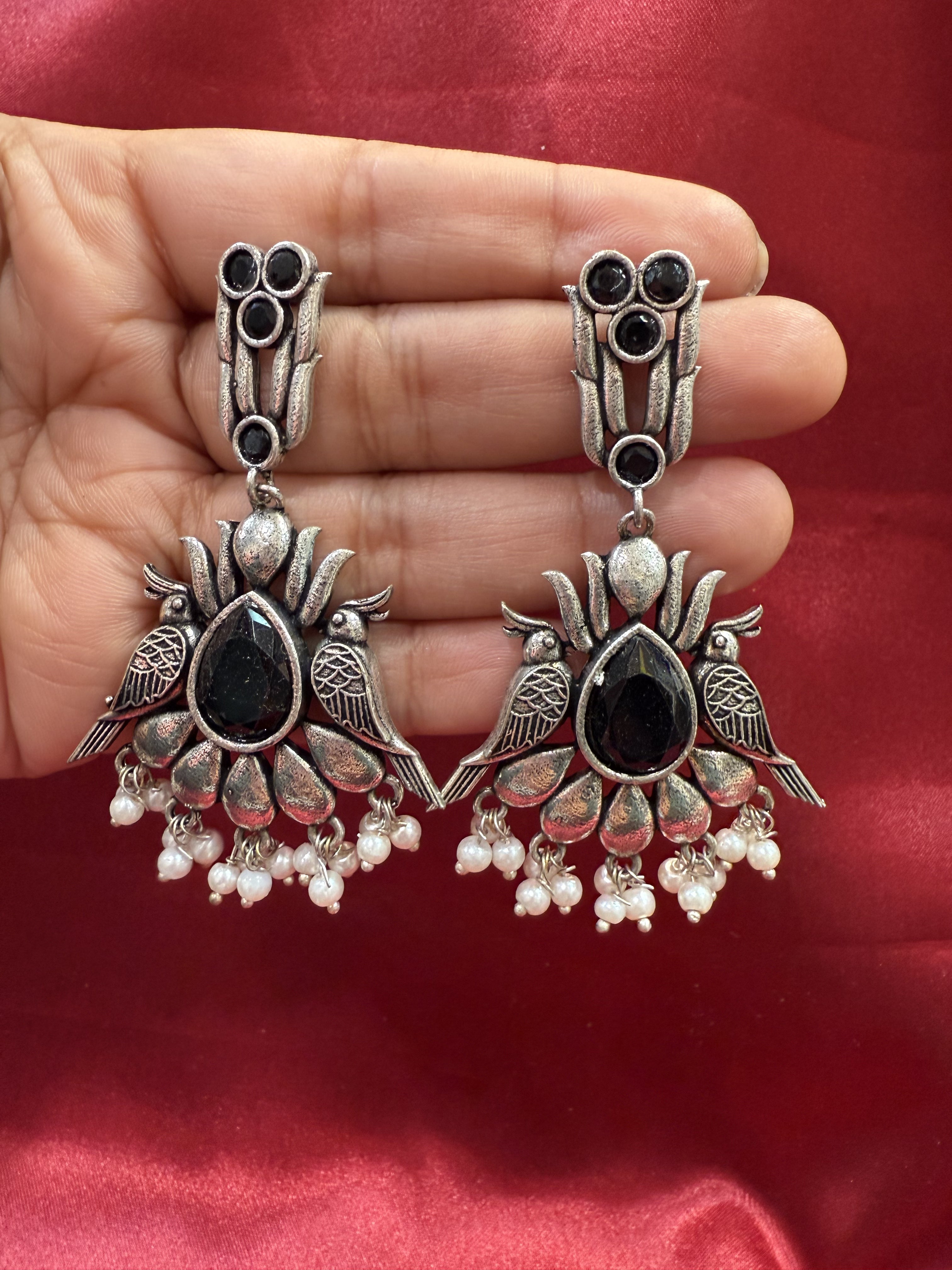 Elegant Black Stone Bird Design Oxidized Beaded Earrings for Women - Boho Chic Jewelry Gift for Parties, Weddings & Everyday Wear
