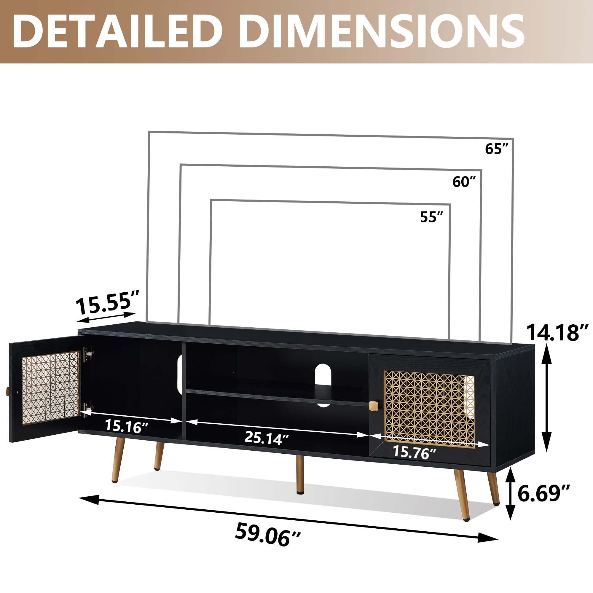 Mid Century Modern TV Stand for 65 Inch TV - Entertainment Center with Storage & Metal Mesh Cabinet Doors - Black Living Room Furniture for Home Theater Setup