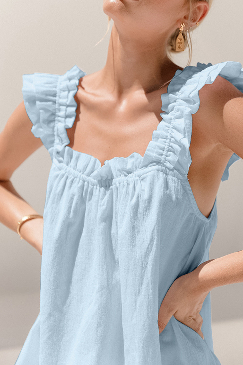 Women's Ruffled Square Neck Summer Shorts Set - Casual Outfit for Beach, Vacation & Everyday Wear