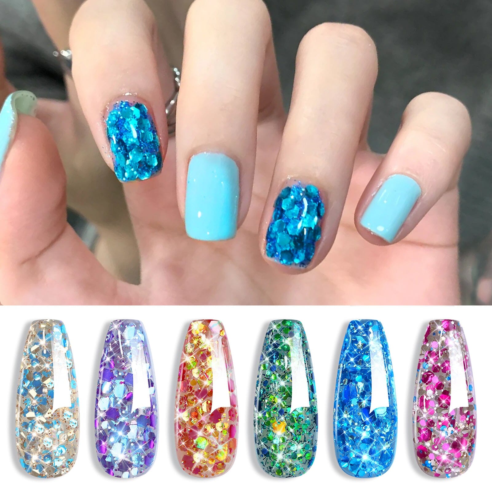 6 Colors Blue Sequins Glitter Gel Polish Set - Long Lasting Nail Art Kit for Manicure & Pedicure - Perfect for Parties, Weddings, and Special Occasions