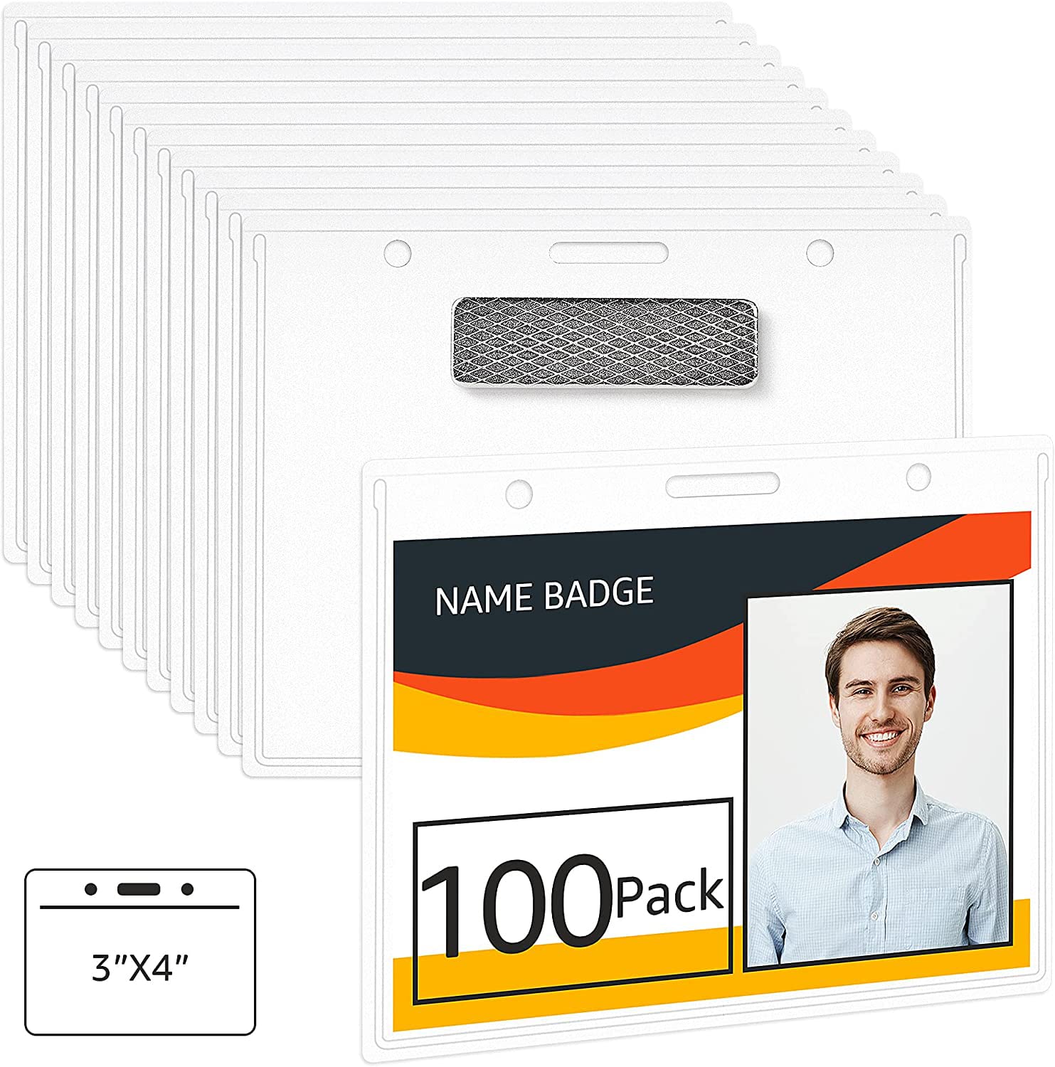 Amazon Basics Horizontal Magnetic Badge Holder - 100 Pack, Clear Plastic ID Card Holders for Office, Events & Security (2.5