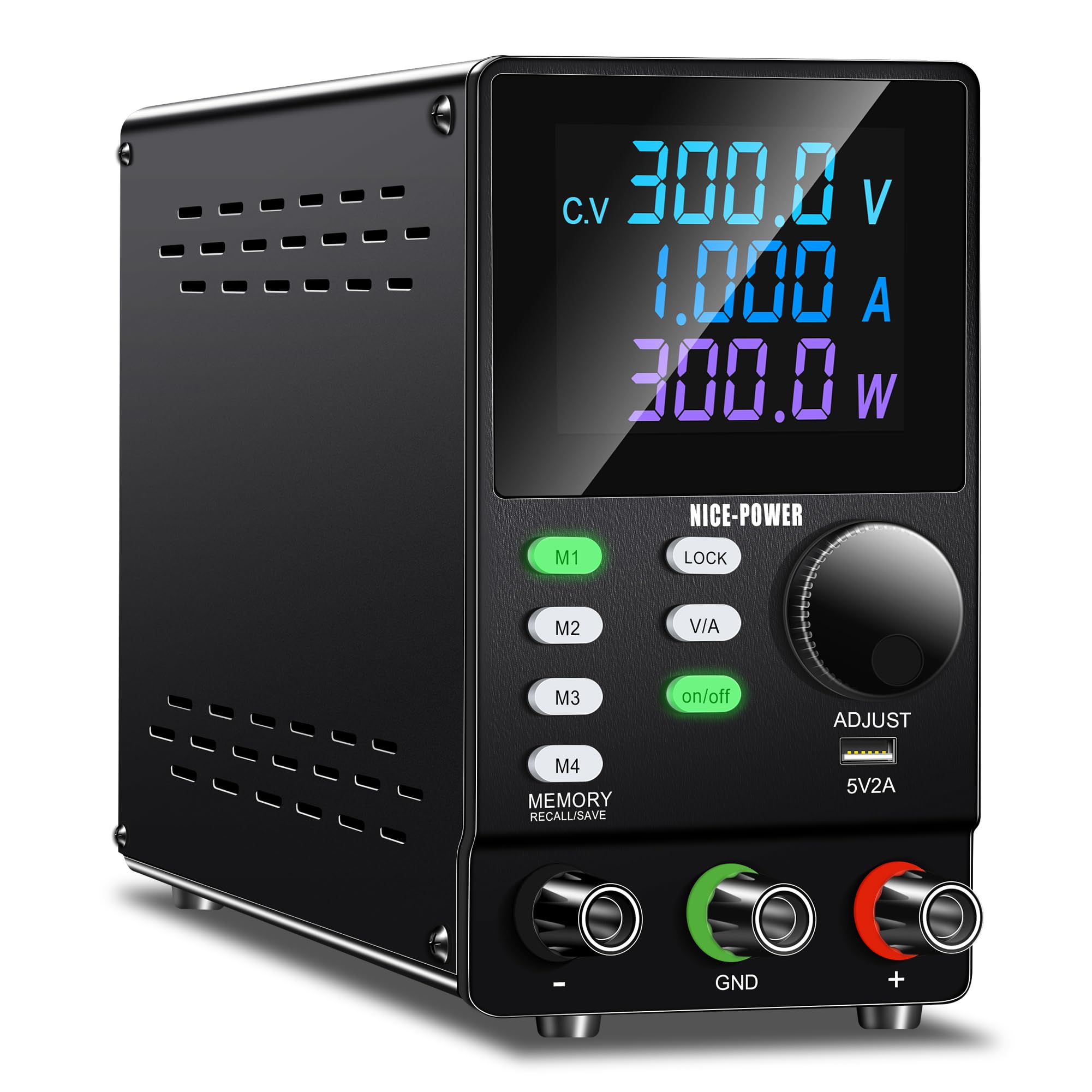 NICE-POWER 300V 1A Adjustable DC Power Supply with PC Software - High Voltage Programmable Lab Bench Power Supply for Electronics Testing, DIY Projects & Industrial Use - Features Encoder Knob, Memory Storage & Lock Button