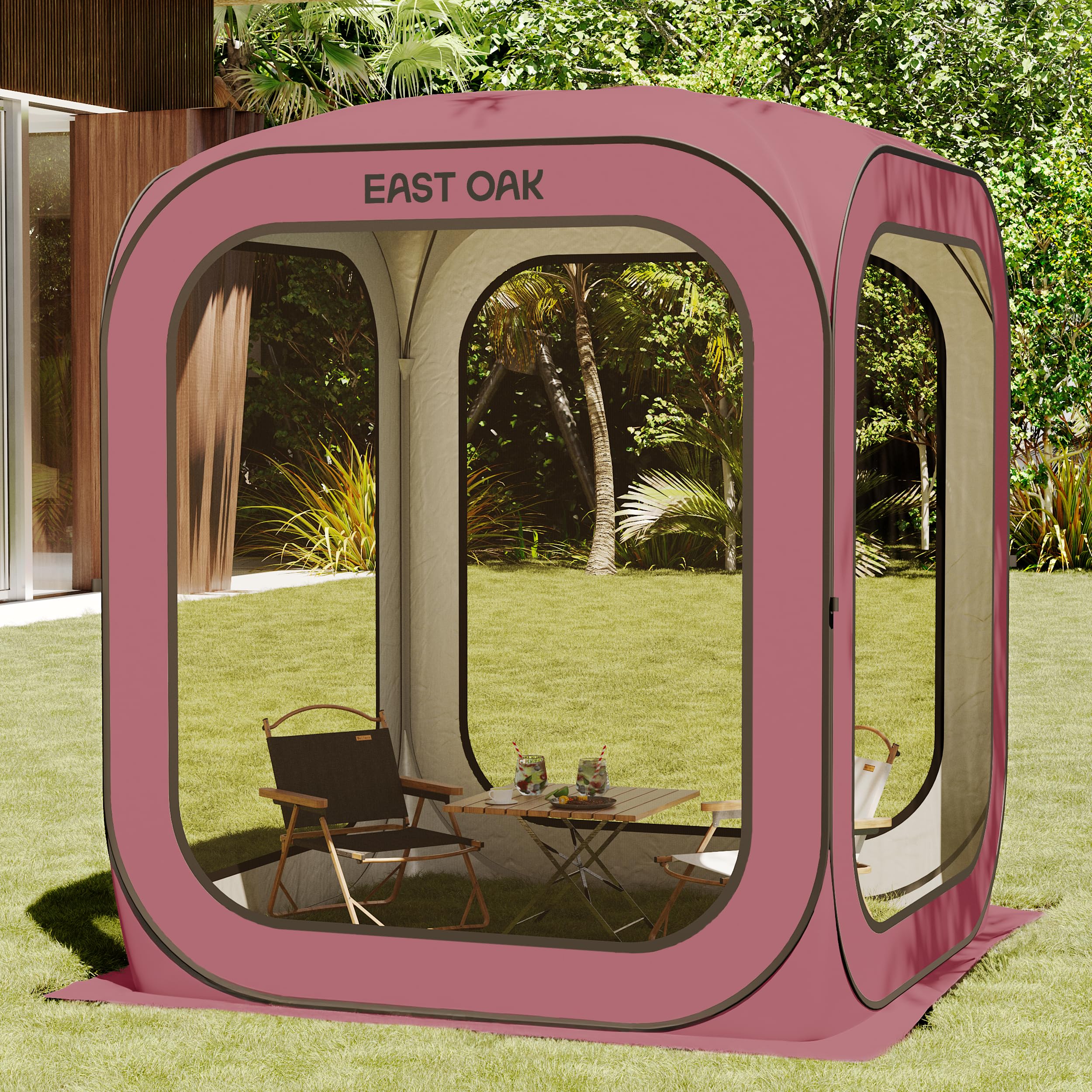 EAST OAK 6x6 FT Pop-Up Screen House Tent - Portable Instant Canopy Shelter with Carry Bag for Patio, Backyard, Deck - Mosquito Proof Outdoor Screen Room for Camping, Picnics & BBQs (Dark Pink)