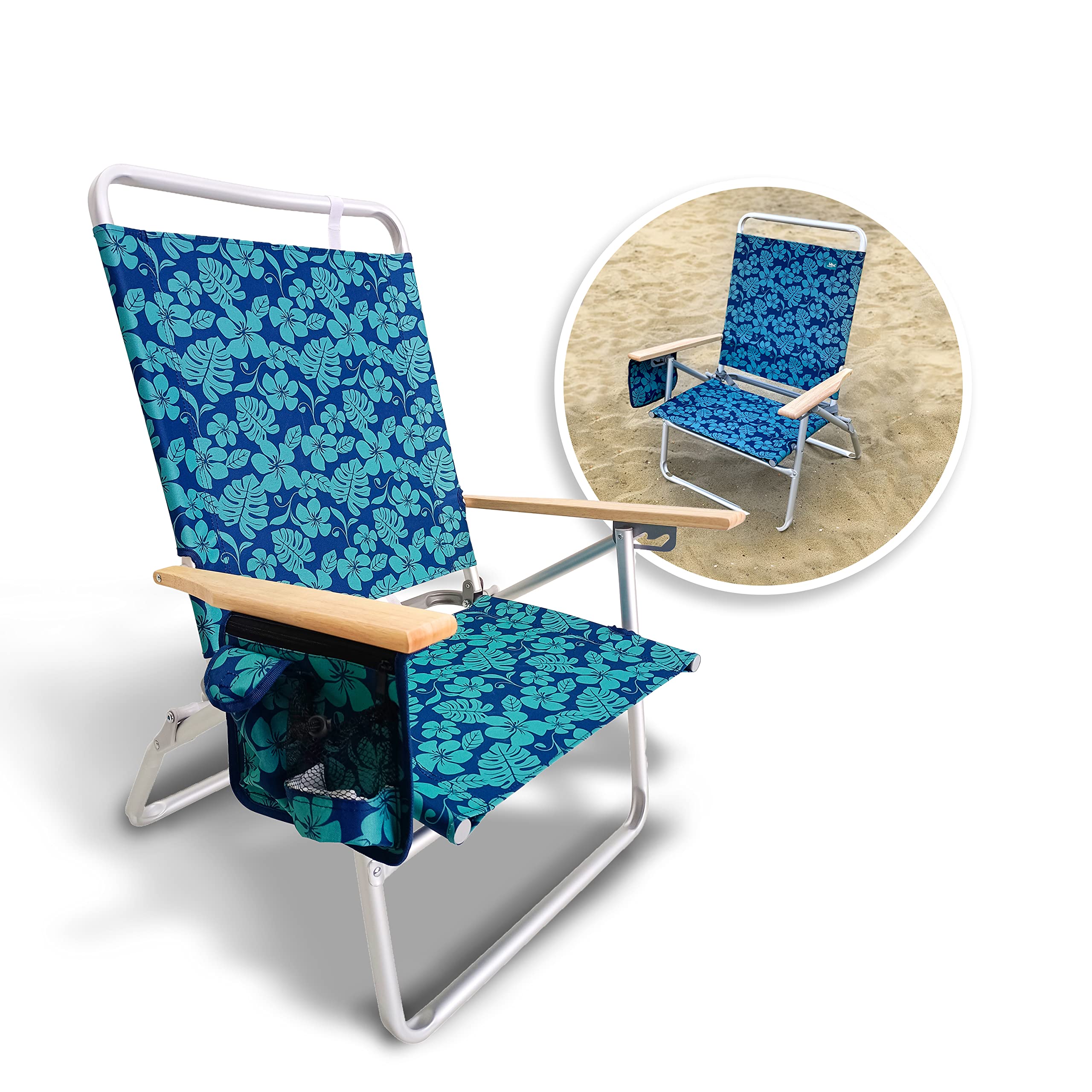 Bliss Hammocks BBC-354-BF Portable Folding Beach Chair with Side Pocket - 3 Adjustable Reclining Positions, Storage Pouch, Cup Holder & Shoulder Strap - Supports 275 lbs - Blue Floral Design - Perfect for Beach, Camping, Picnics & Backyard Relaxation