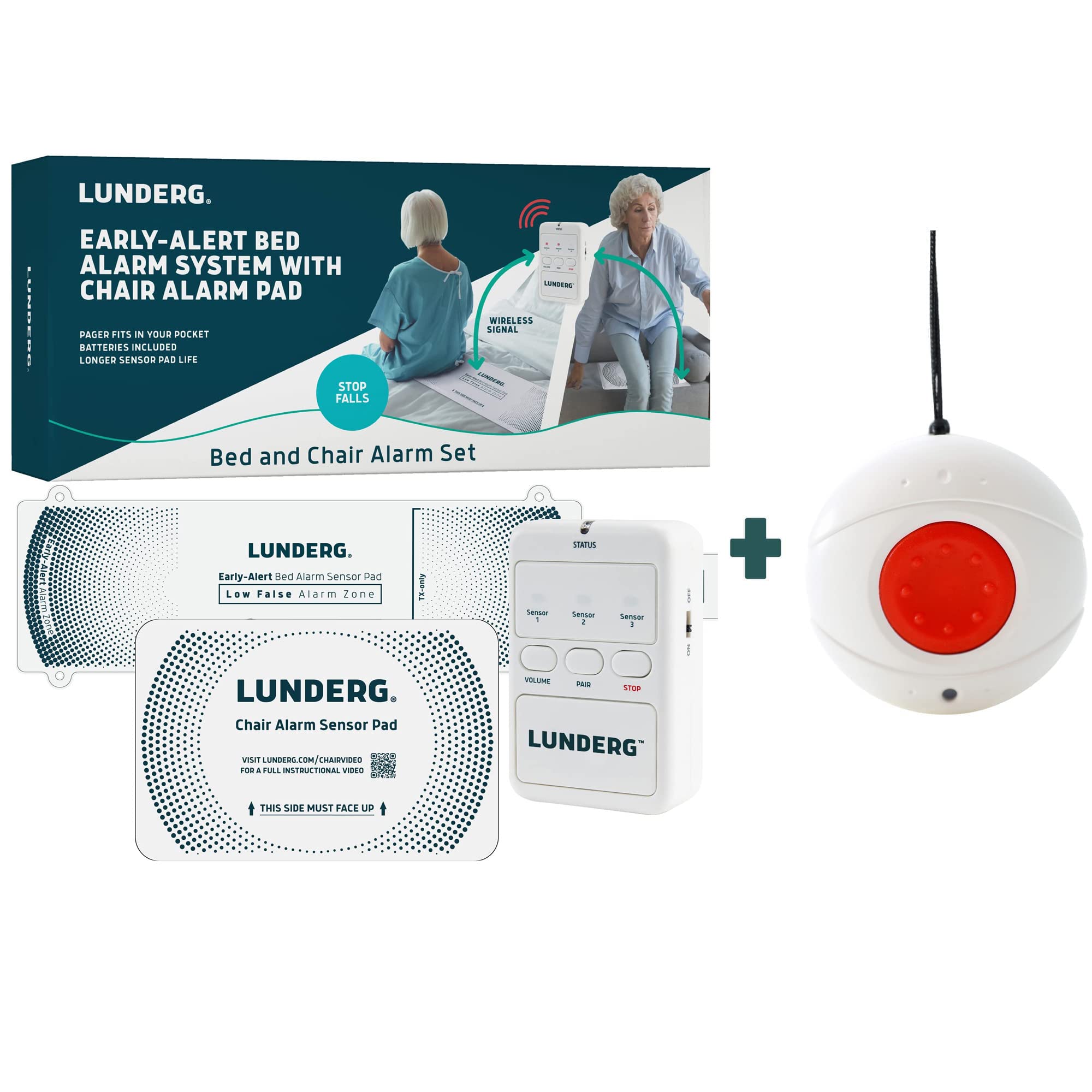 Lunderg Wireless Bed Alarm & Chair Alarm System with Call Button - Caregiver Alert Sensor Pad for Elderly Safety - Fall Prevention for Seniors at Home or Healthcare Facilities