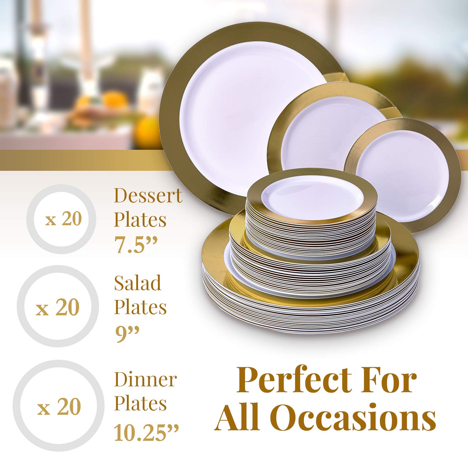 Elegant 60-Piece Disposable Dinnerware Set - 20 Dinner Plates, 20 Salad Plates, 20 Dessert Plates | Heavy Duty Silver Spoons Party Dishes with Fine China Look | Perfect for Weddings, Catering & Upscale Events (Ritz Gold)