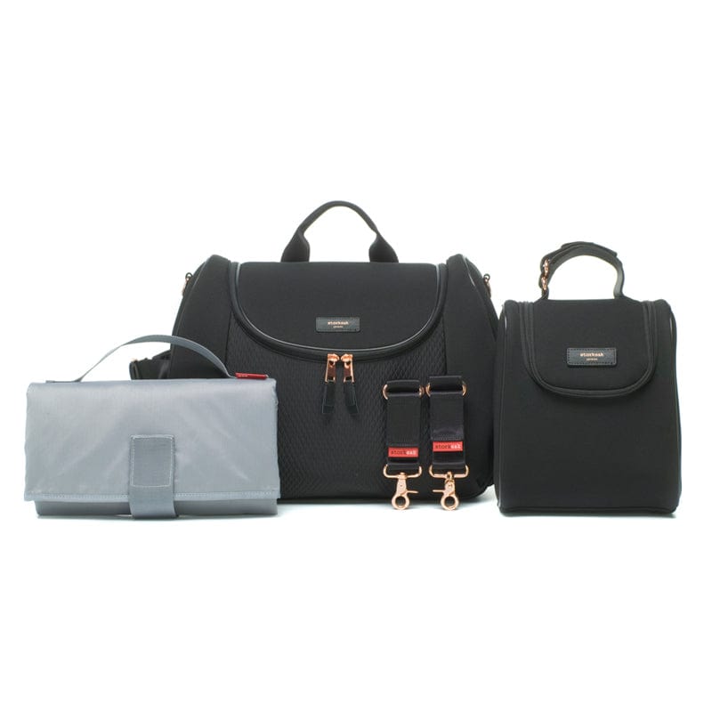 Storksak Poppy Luxe Diaper Bag - Premium Scuba Black Waterproof Baby Bag for Moms | Perfect for Travel, Shopping & Everyday Use with Baby