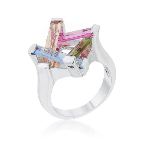 10ct Multicolor CZ Rhodium Cocktail Ring for Women - Elegant Myra Statement Ring for Parties, Weddings & Special Occasions