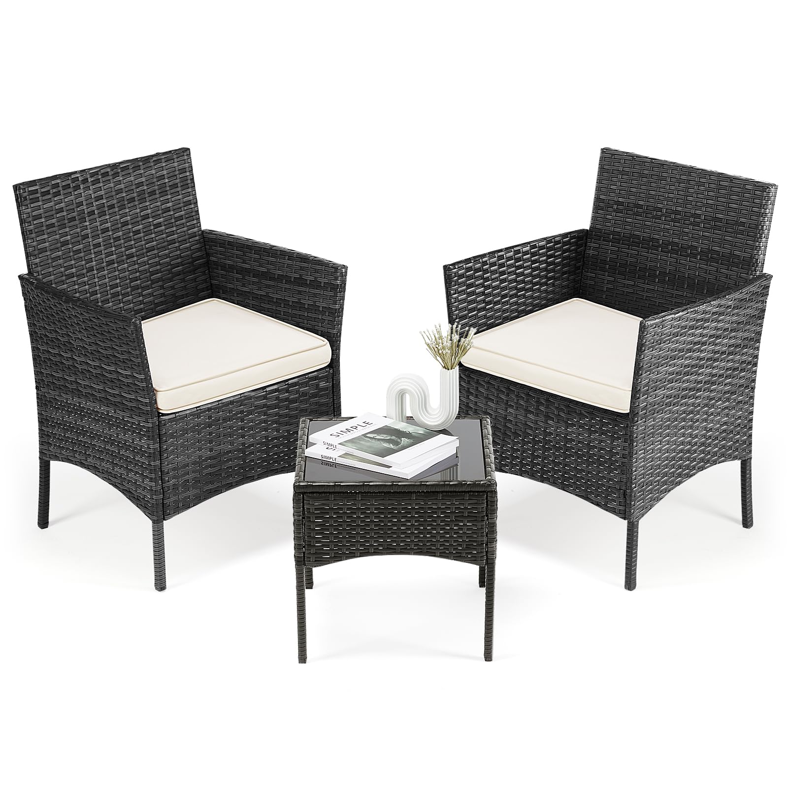 Sweetcripy 3-Piece Patio Furniture Set - Outdoor Wicker Rattan Sofa with Soft Cushions & Glass Table, All-Weather Manual Weaving Design for Garden, Terrace, Porch (Black/Beige) - Perfect for Backyard Relaxation, Poolside Lounging & Outdoor Entertaining