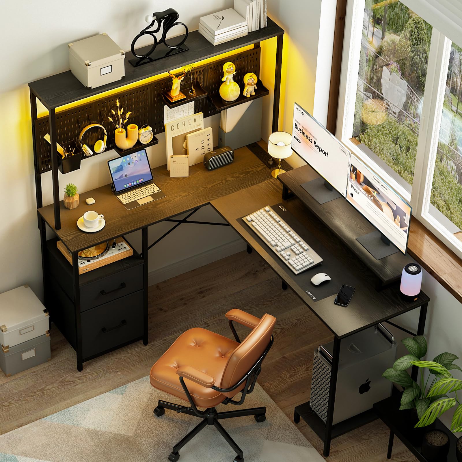 Yoobure L-Shaped Desk with Pegboard & LED Lights - Reversible Computer Desk with Drawers, Storage Shelves & Power Outlets - Gaming & Office Desk with Monitor Stand - Perfect for Home Office, Study & Workspace Setup