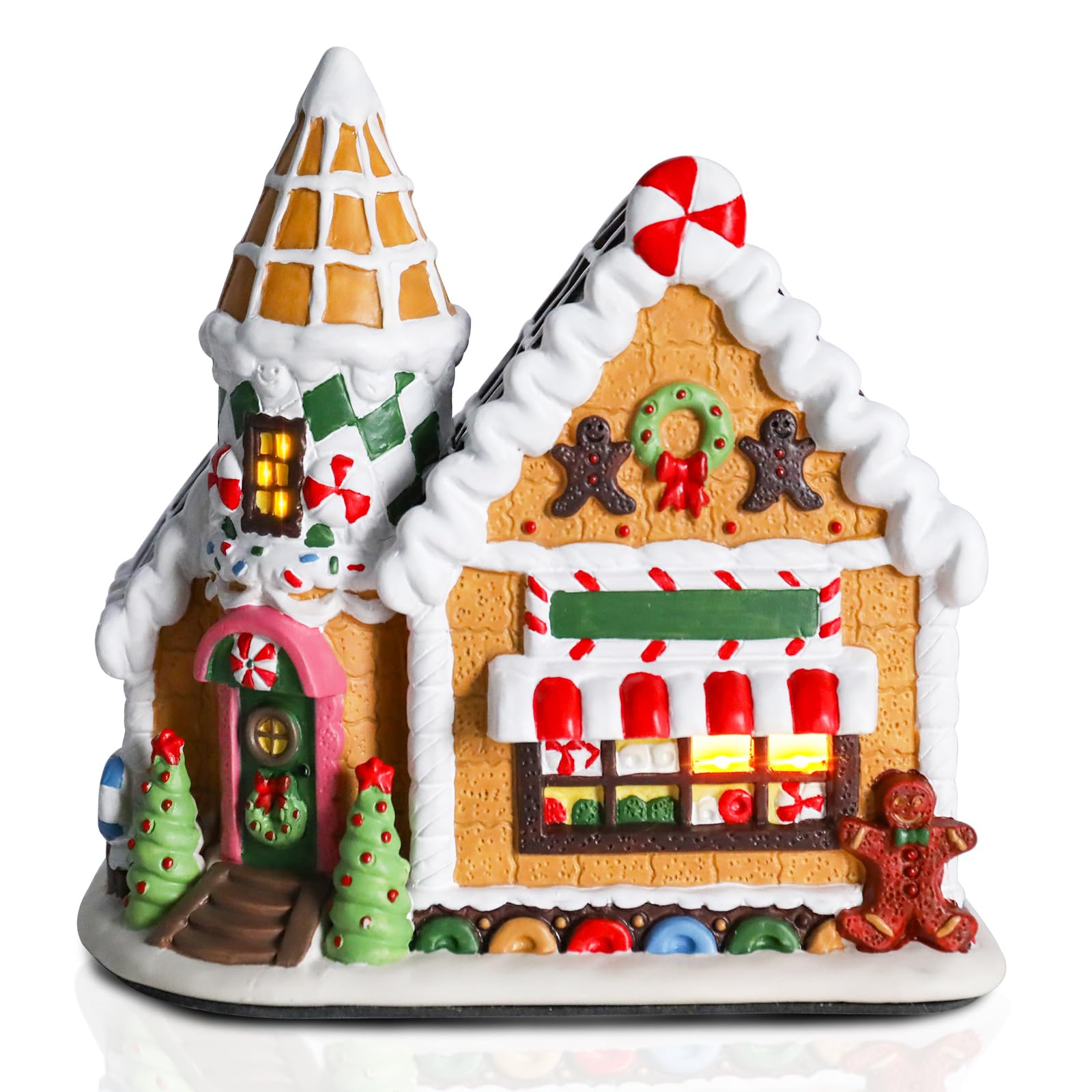 Hand-Painted Ceramic Christmas Gingerbread Village House with LED Lights - Festive Holiday Home Decor for Tabletop, Mantel & Christmas Village Displays