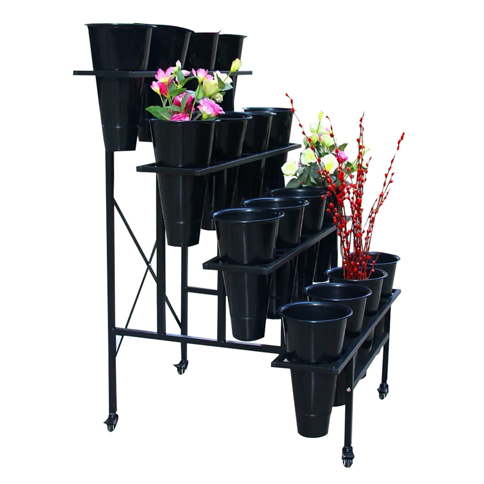 Y&A 4-Tier Metal Plant Stand with Wheels - Indoor/Outdoor Flower Display Rack, Garden Cart, Movable Shelf for Balcony, Florist & Home Decor (Black, 90x79x114cm/35x31x45in) - Perfect for Patio, Living Room & Garden Organization