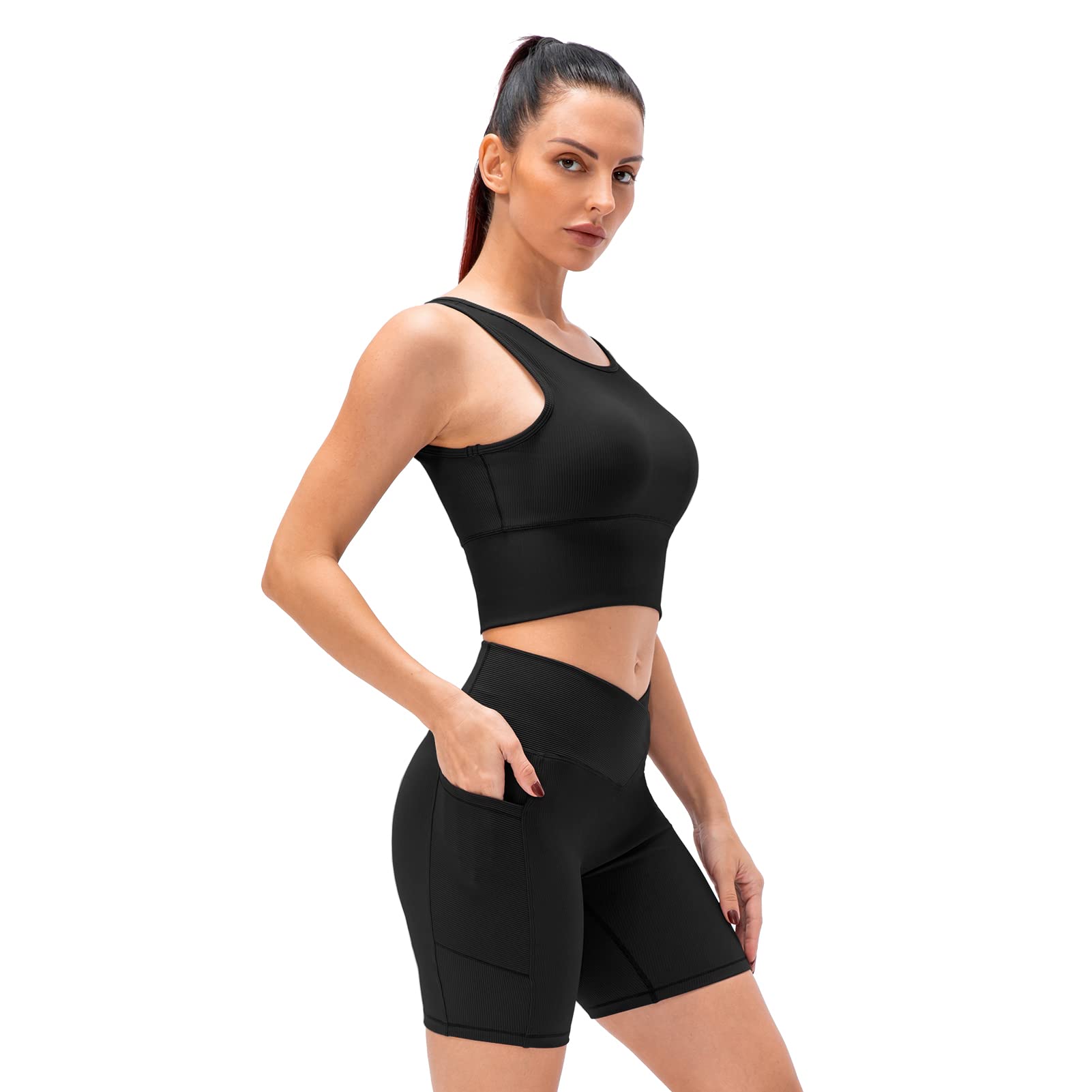 F FABOBJECTS® Women's 2-Piece Workout Set - Ribbed Crop Top & High Waist Yoga Shorts - Gym, Running, Pilates & Lounge Wear