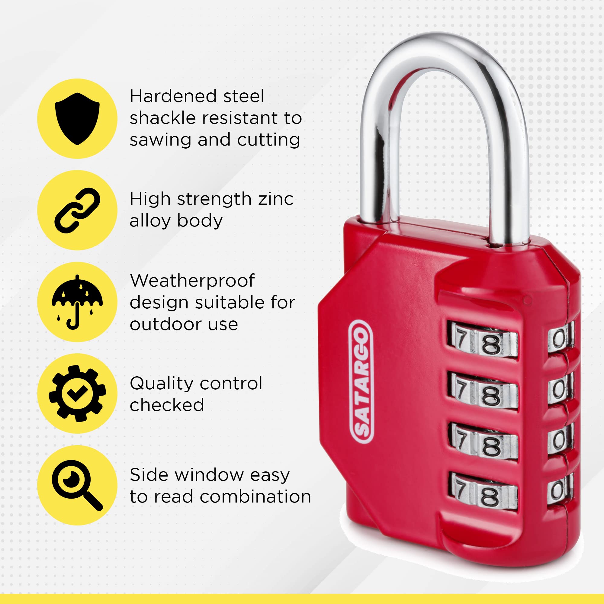 4 Digit Combination Lock for Gym Locker - Cut Resistant Outdoor Padlock with Reset Code - Heavy Duty School, Sports, Travel & Storage Use - Red Combo Lock for Indoor & Outdoor Security