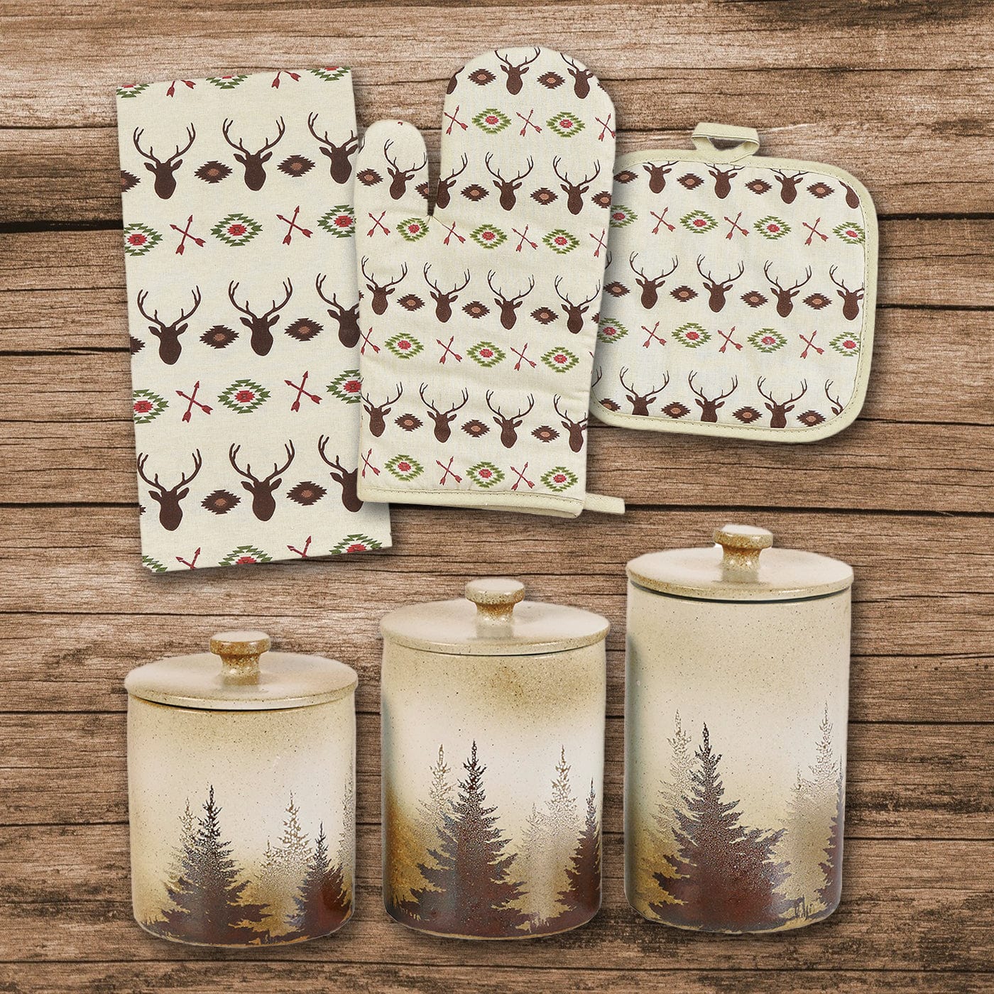 Aztec Multi Deer Print and Clearwater Pines 13-Piece Dinnerware Set - Perfect for Holiday Gatherings and Rustic Home Decor