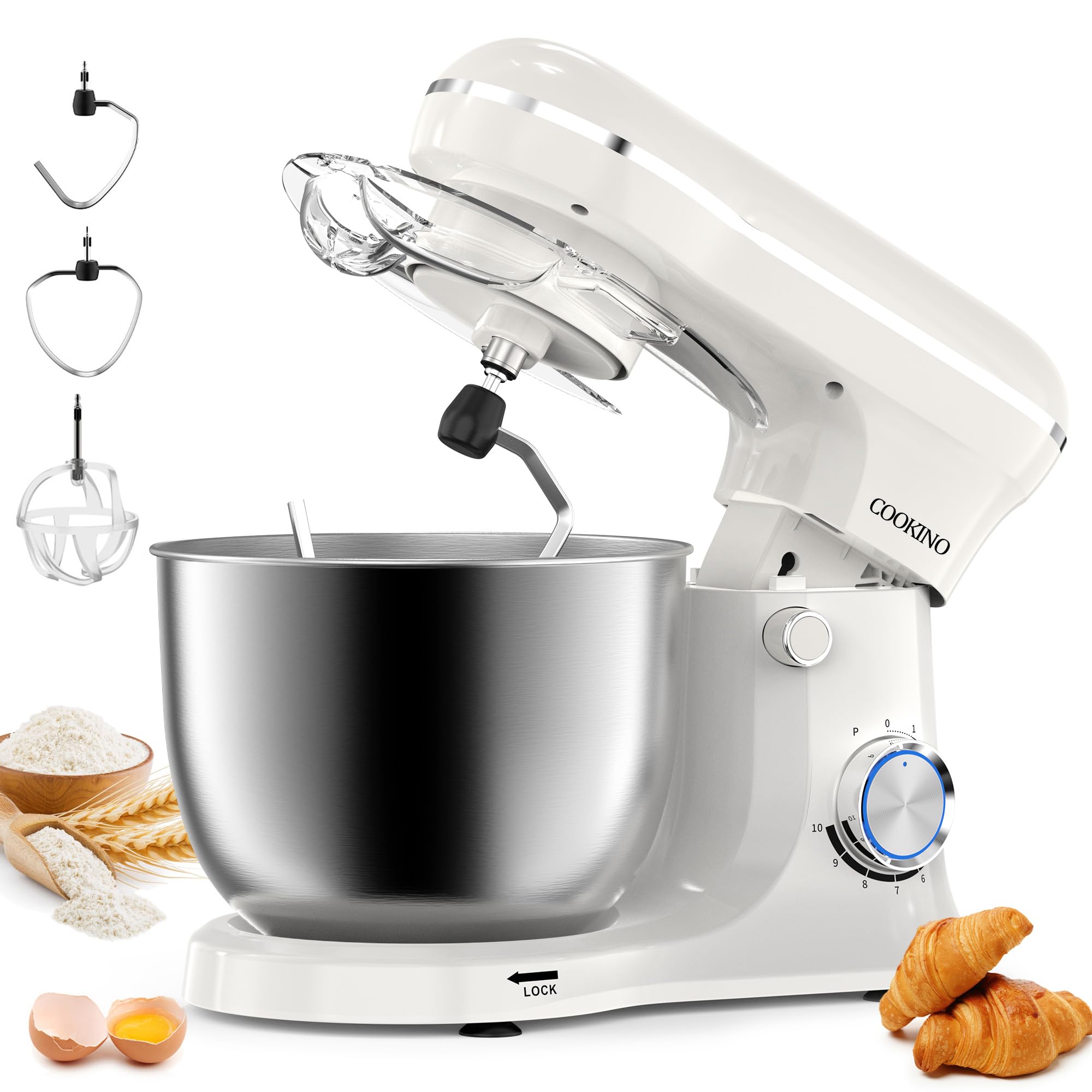 660W Electric Stand Mixer - 10 Speed Tilt-Head Kitchen Mixer with 6.5 QT Bowl, Dough Hook, Beater & Whisk (Almond Cream) - Perfect for Baking Cakes, Cookies, Bread & More