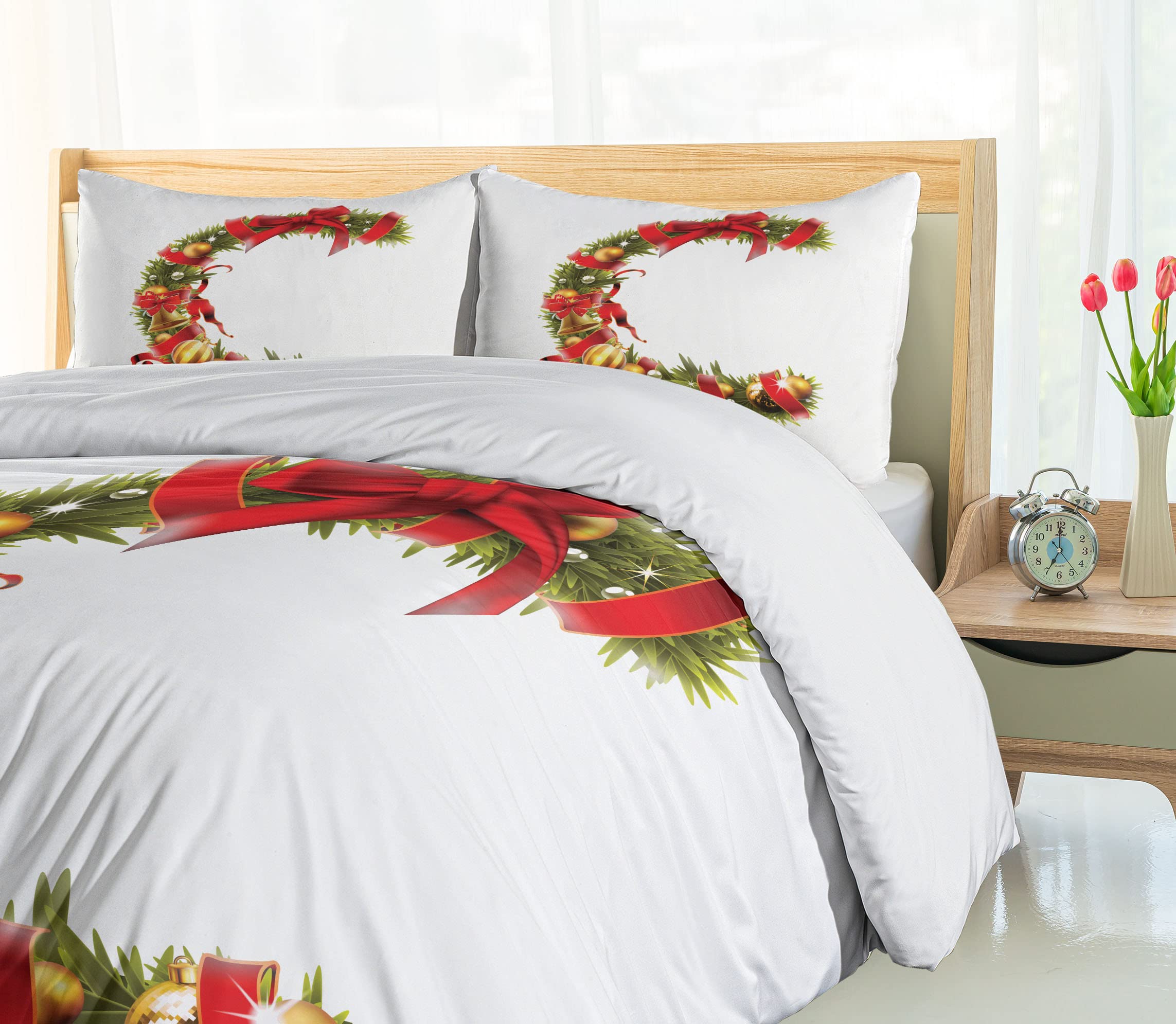 Ambesonne Christmas Alphabet Duvet Cover Set - Tree Branches Forming Letter C with Ribbon & Baubles, 3-Piece Queen Size Bedding Set with 2 Pillow Shams in Pearl & Olive Green | Holiday Home Decor for Bedroom, Festive Seasonal Gift Idea
