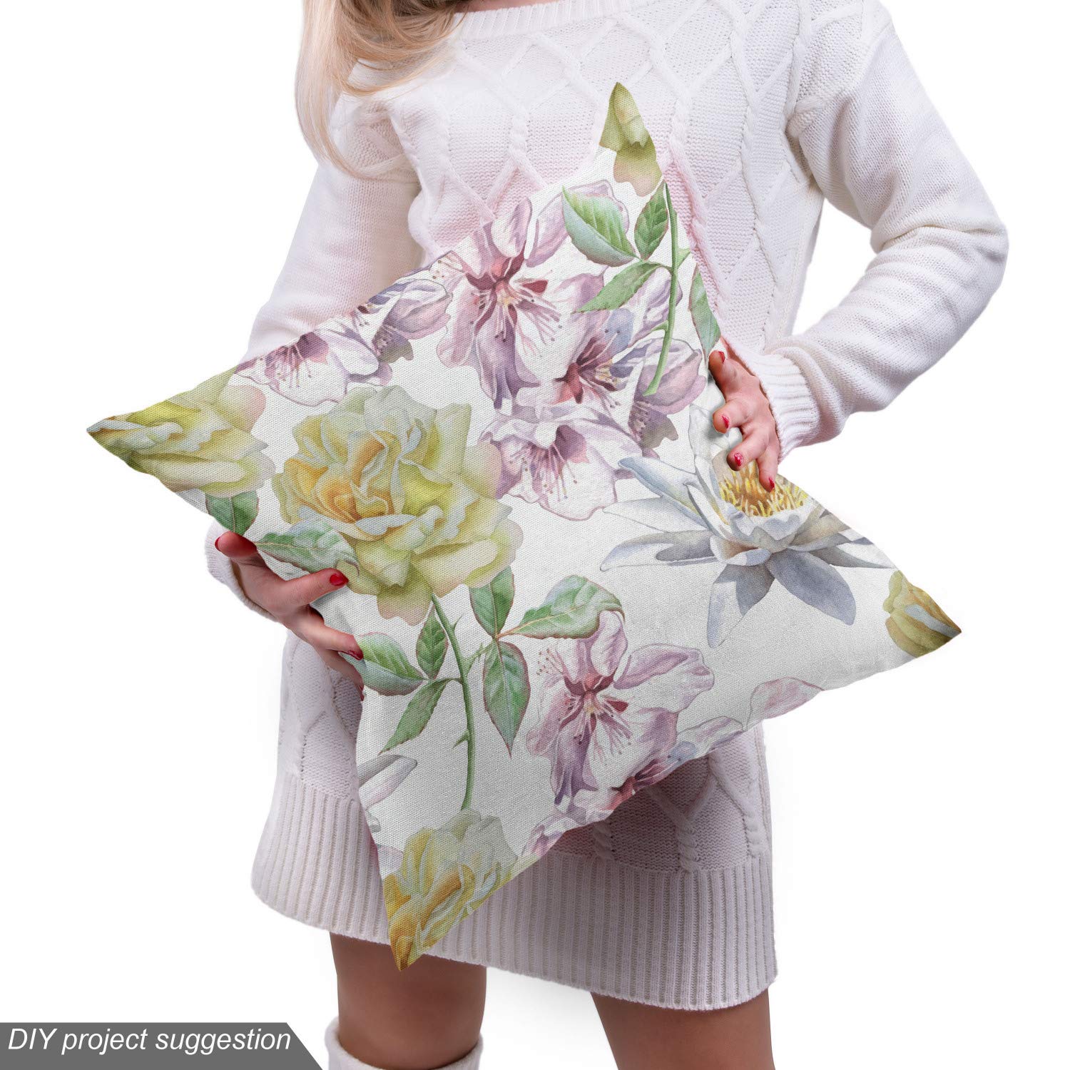 Ambesonne Floral Fabric by The Yard - Rose Petals Sakura Lily Flowers Design for Upholstery, Curtains & DIY Home Decor | 10 Yards Fern Green Pale Pink | Perfect for Bedding, Pillows & Craft Projects