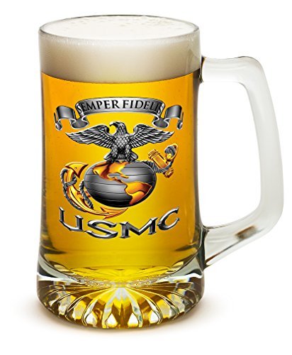 US Marine Corps Tankard Beer Mugs with Handles - 25oz Set of 6, USMC Semper Fidelis Logo Drinking Glasses for Men & Women - Perfect for Military Gifts, Home Bars, and Patriotic Parties