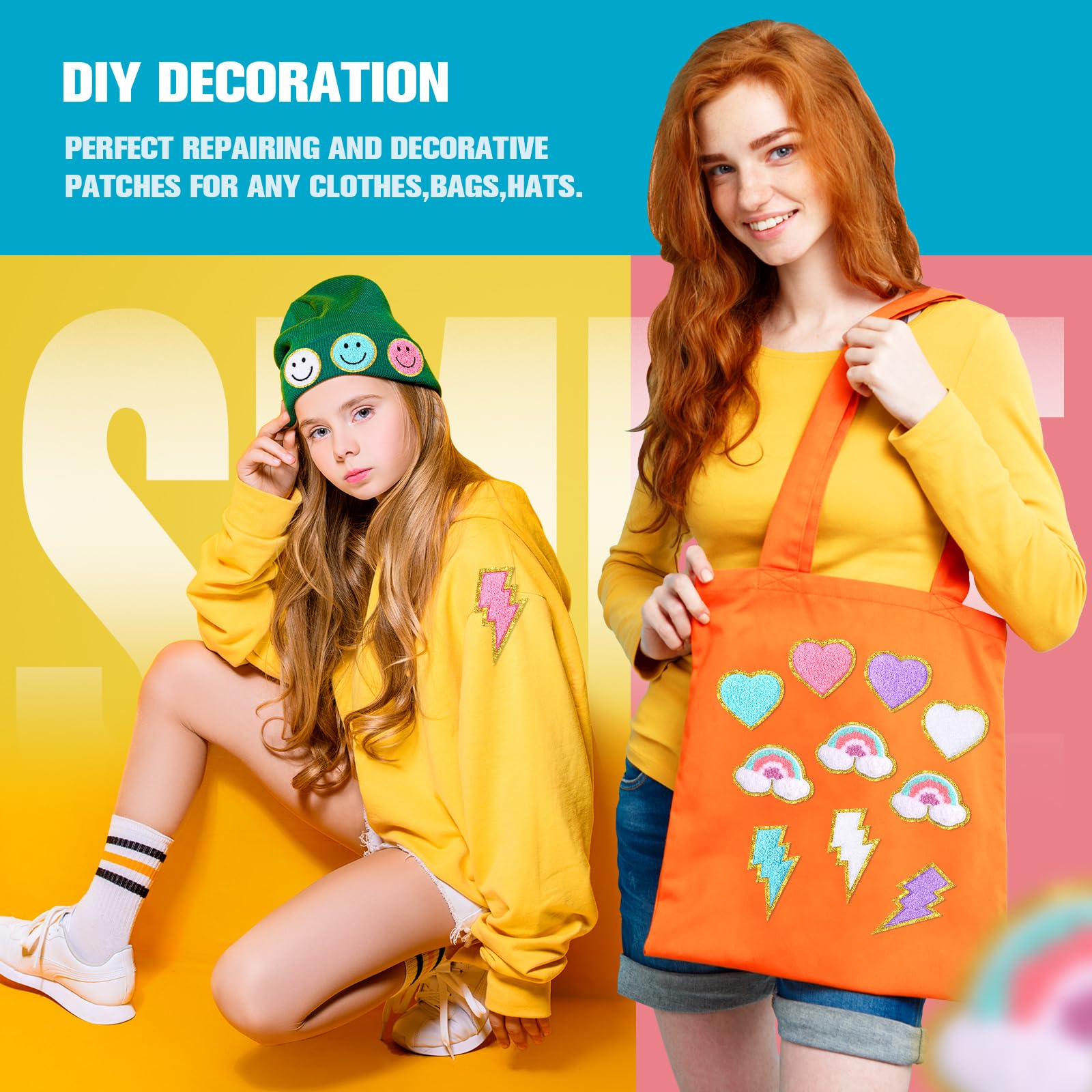80 Pcs 3D Cute Embroidered Iron-On Patches - Rainbow, Lightning, Smile Face & Heart Designs - Self-Adhesive Fabric Applique for DIY Clothing, Jackets, Jeans (Multiple Styles) - Perfect for Customizing Kids' Outfits, Denim Jackets & Backpacks