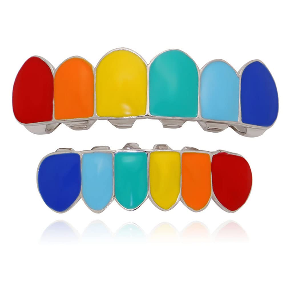 Psivika Multicolor Plated Rainbow Hip Hop Teeth Grillz Caps - Iced Out CZ Vampire Fangs Grillz for Men & Women | Perfect for Hip Hop Performances, Halloween Costumes & Streetwear Fashion