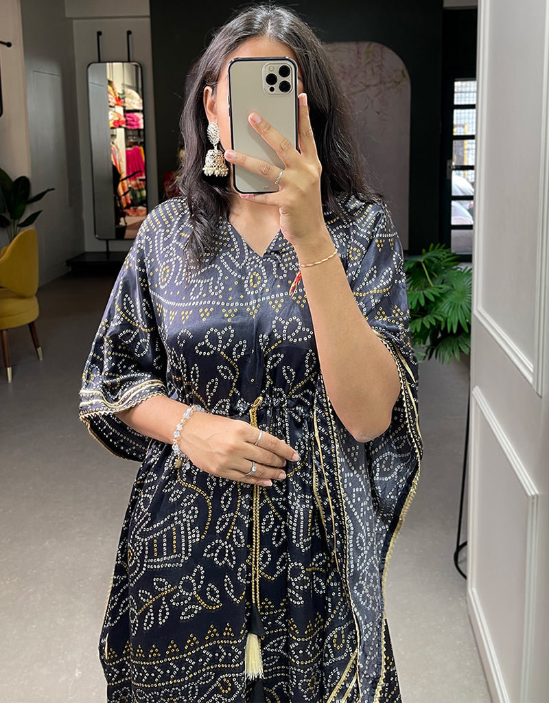 Elegant Black Pure Gaji Silk Kaftan Dress with Bandhej Digital Print & Gotta Patti Lace Border - Trendy Designer Party Wear with Tassel Details for Women | Perfect for Evening Parties, Weddings & Special Occasions