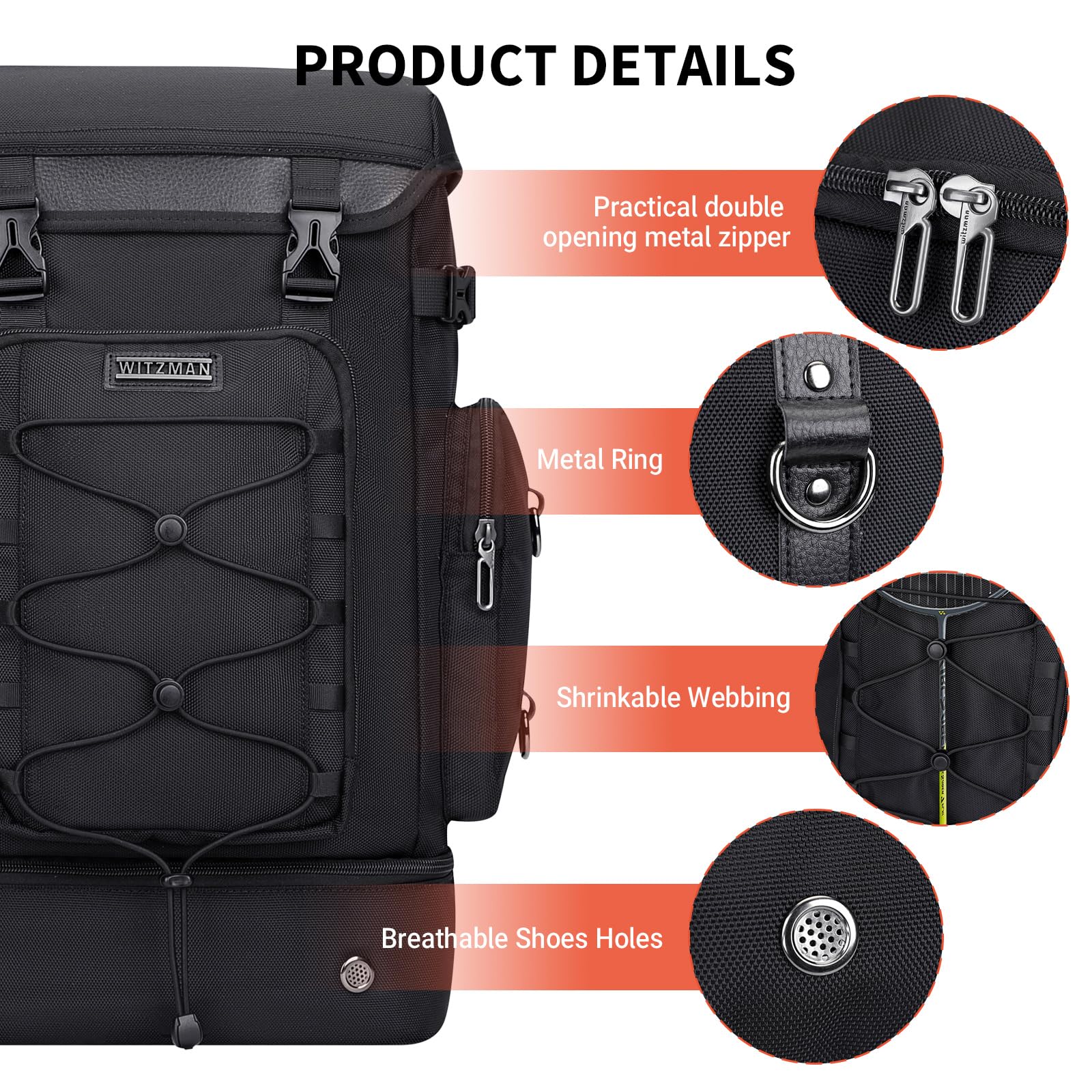 WITZMAN Classic Black Travel Backpack for Men & Women - Airline Approved Carry On Backpack with Shoe Compartment | Convertible Duffle Luggage for Business Trips, Weekend Getaways & Gym Use (Model B691)