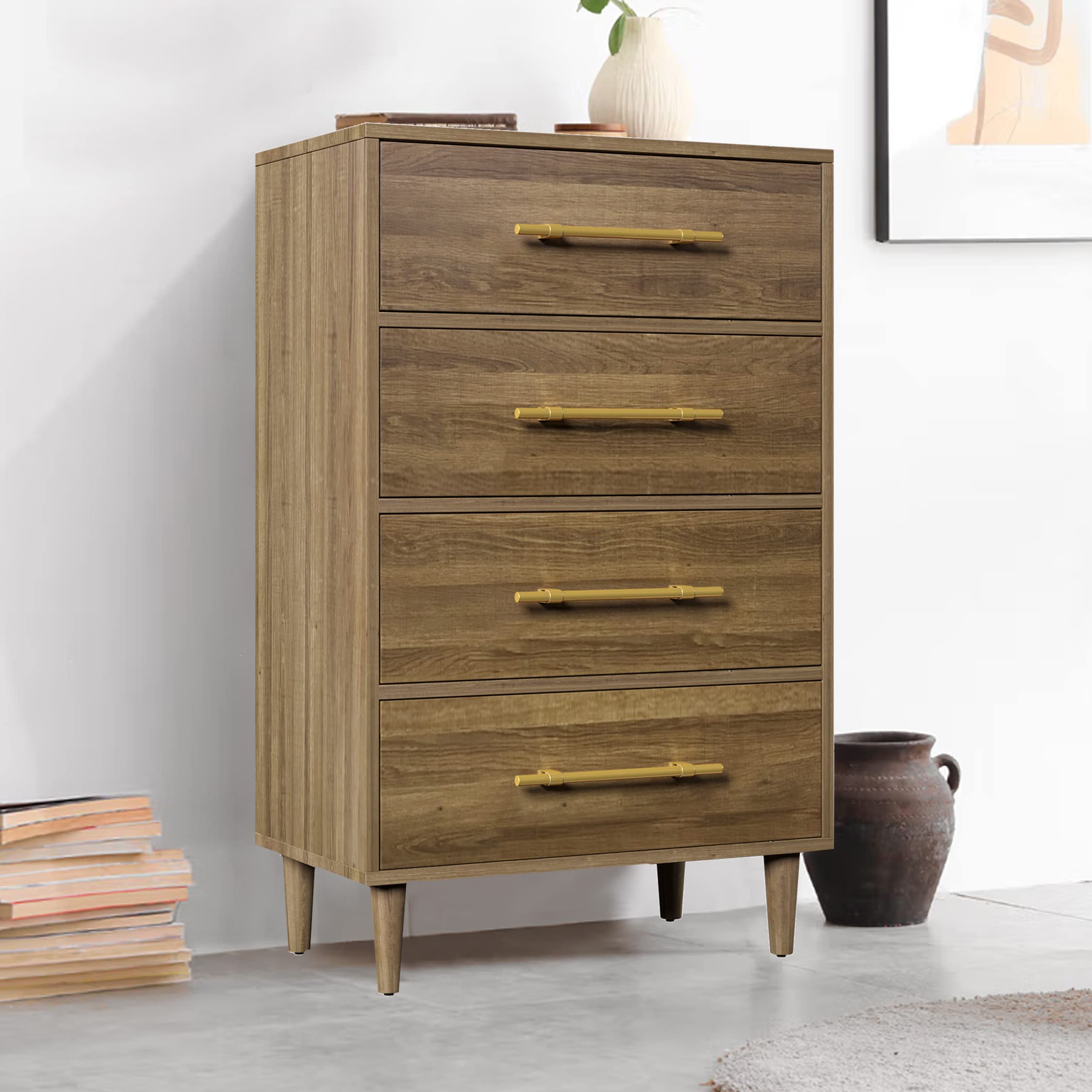 Pvillez 4-Drawer Chest with Natural Walnut Wood Tabletop - Gold Handles & Tapered Wood Legs - Tall Bedroom Dresser for Clothes Storage - Perfect for Bedroom, Living Room & Home Organization