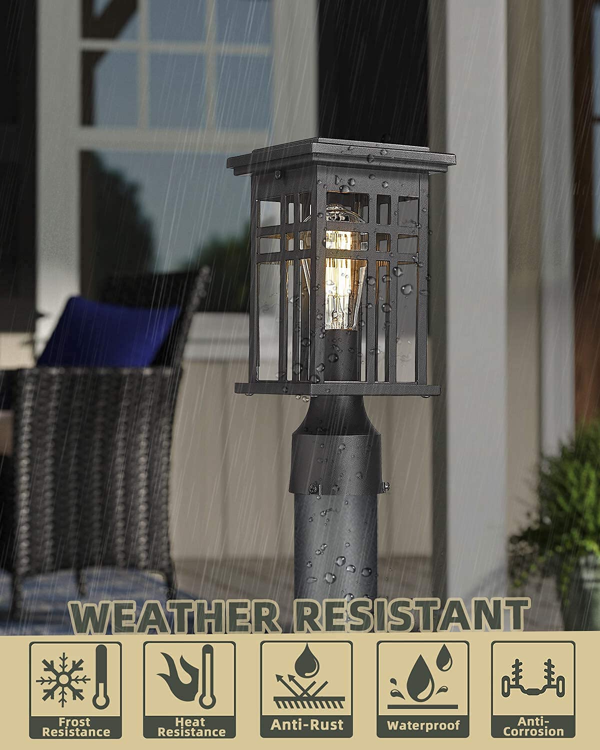 HWH Industrial Pole Lamp with Dusk to Dawn Sensor - Matte Black Exterior Wall Lantern with Clear Glass Shade - Outdoor Porch Lights for Garden, Garage, Balcony & Patio Lighting