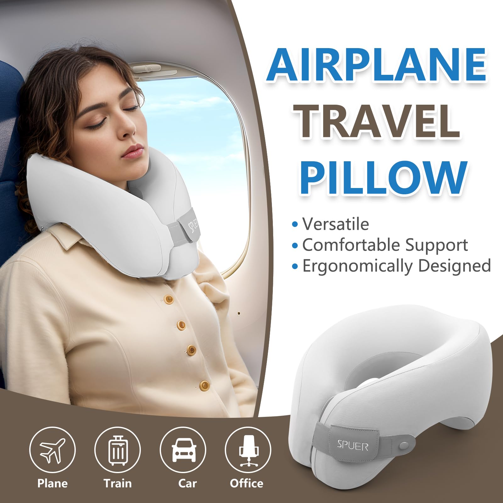 2in1 Ergonomic Memory Foam Travel Neck Pillow - 2025 Upgraded Support for Airplane, Car & Train Travel | Adjustable Velcro Strap & Drawstring Bag (Gray) | Perfect for Sleeping Upright on Flights, Road Trips & Commuting