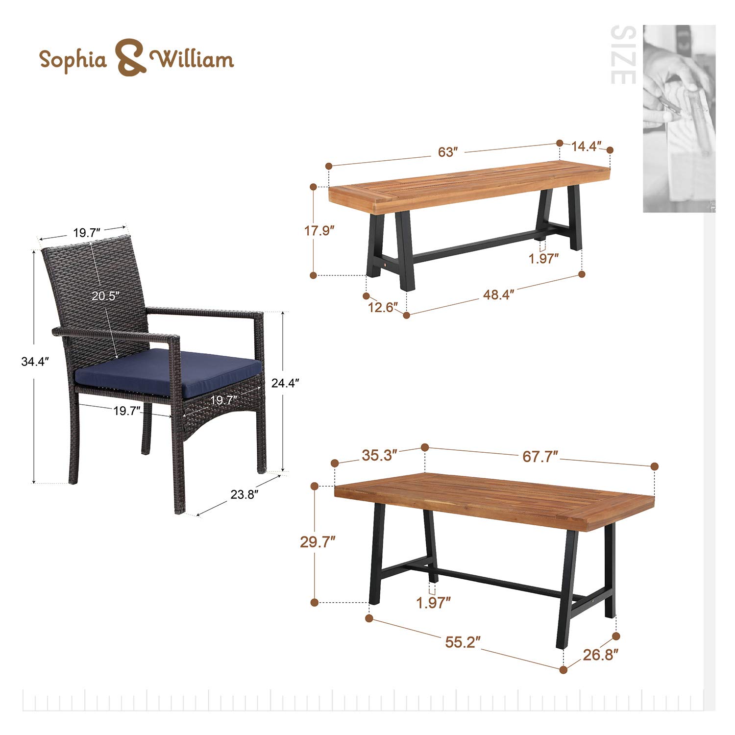 Sophia & William 6-Piece Outdoor Patio Dining Set with Wood Table, Rattan Chairs & Bench - Perfect for Backyard, Deck, Porch & Garden Gatherings | Durable Weather-Resistant Furniture for Outdoor Entertaining