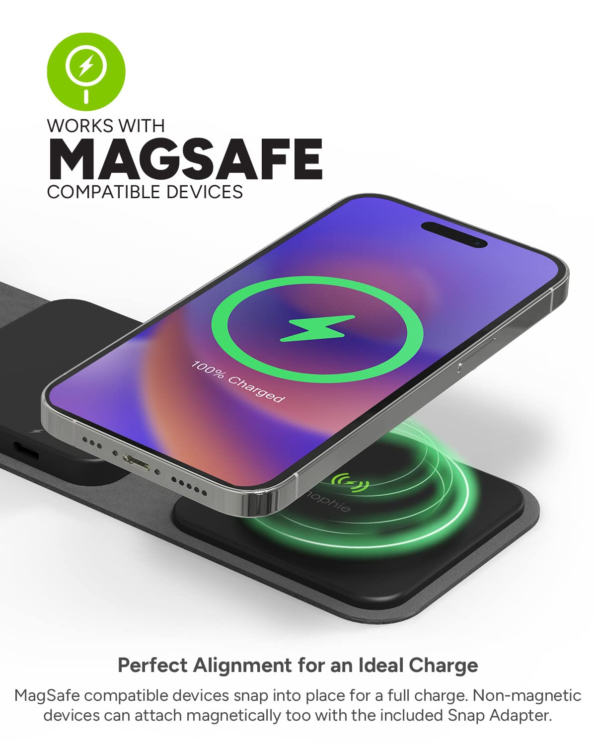 mophie 3-in-1 Magnetic Wireless Charging Station - Fast Qi-Certified Charger for iPhone 15/14/13, Samsung Galaxy, AirPods & More | Portable Travel Charging Pad for Home, Office & Car (Watch Charger Not Included)