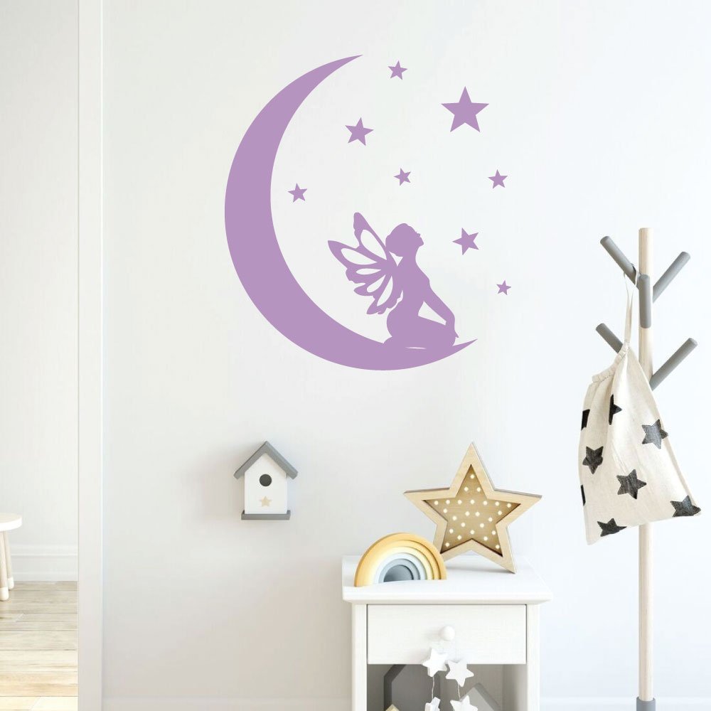 Fairy Wall Decal with Moon and Stars - Removable Vinyl Sticker for Nursery, Girls Bedroom, Teen Room Decor - Perfect for Fairy Themed Parties, Baby Showers & Kids Room Decorations