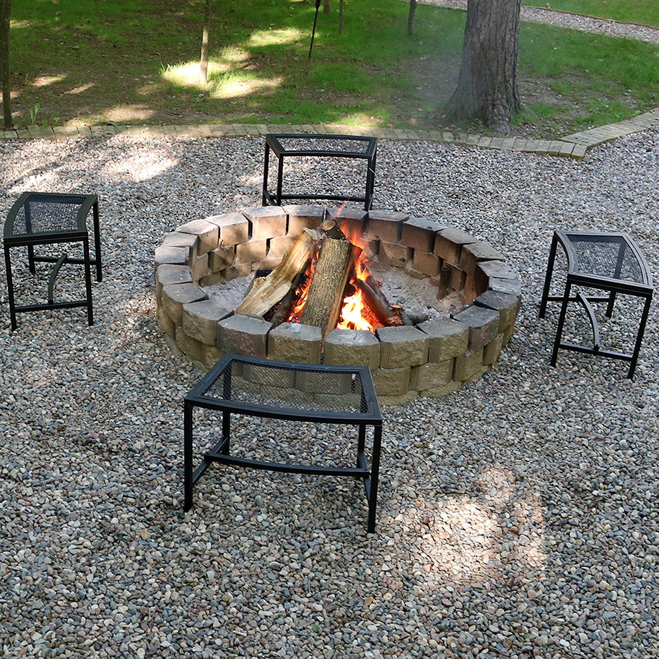 Sunnydaze Outdoor 4-Piece Black Powder-Coated Metal Fire Pit Bench Set - Curved Backless Mesh Design for Patio, Garden & Backyard Relaxation