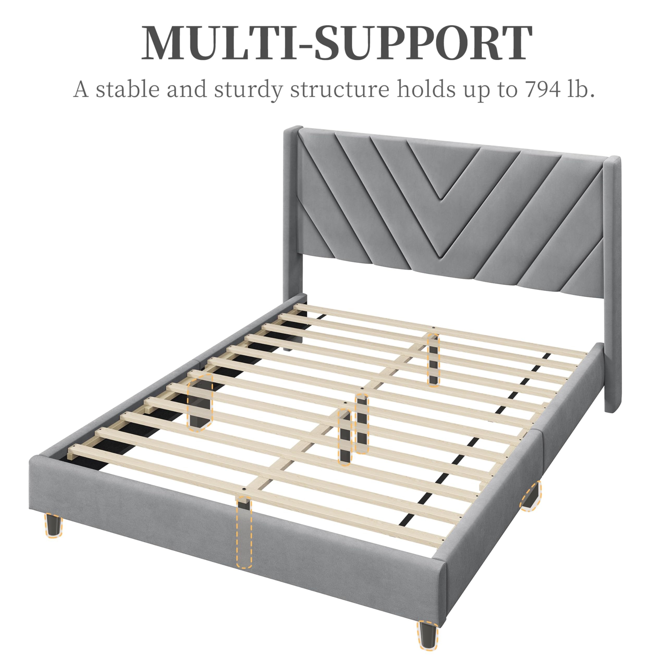 Yaheetech Upholstered Queen Size Platform Bed Frame with Wing Side Design, Wooden Slat Support & Tufted Headboard - No Box Spring Needed, Light Gray - Perfect for Modern Bedrooms, Guest Rooms & Small Spaces