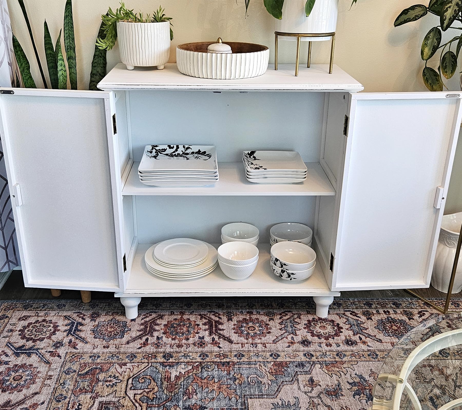 MAISON ARTS White Farmhouse Accent Cabinet - 2 Door Distressed Storage Cabinet with Solid Wood Legs | Entryway Console, Living Room Sideboard, Kitchen Buffet Storage | Feather Pattern Design for Home Decor