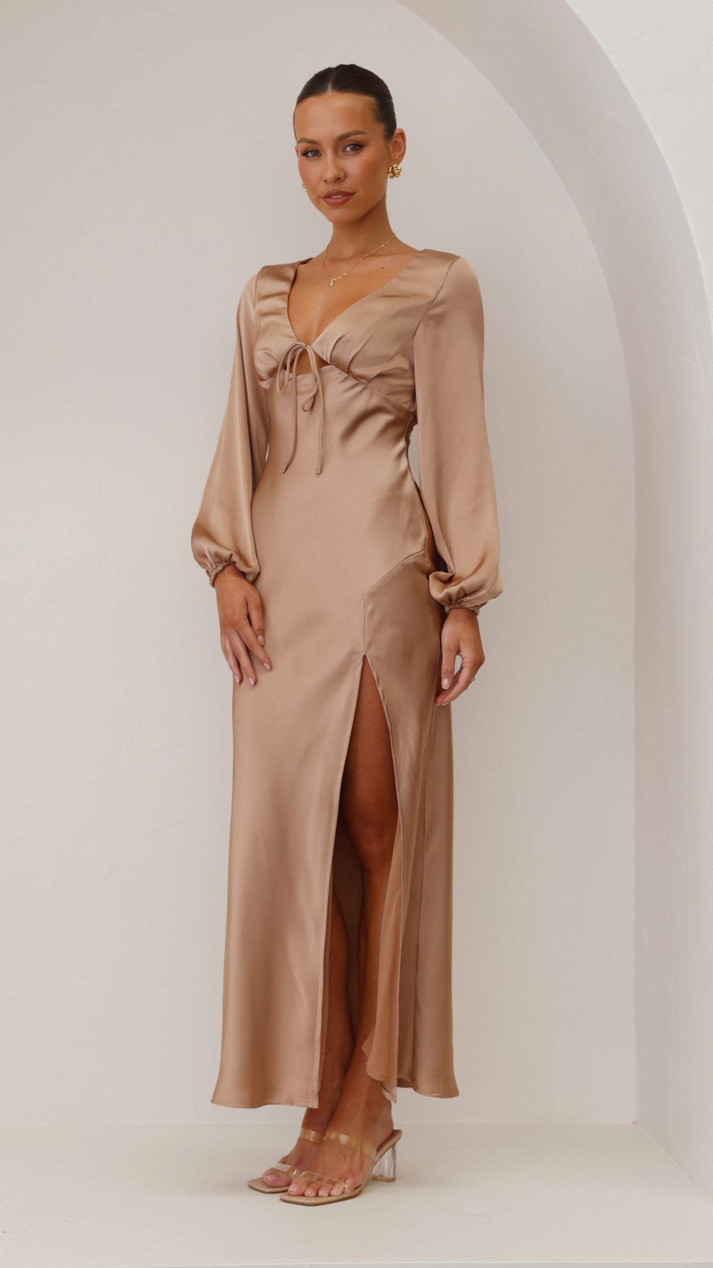 Brigitte Maxi Dress in Latte - Elegant Long Flowy Dress for Women, Perfect for Summer, Beach, Parties & Special Occasions