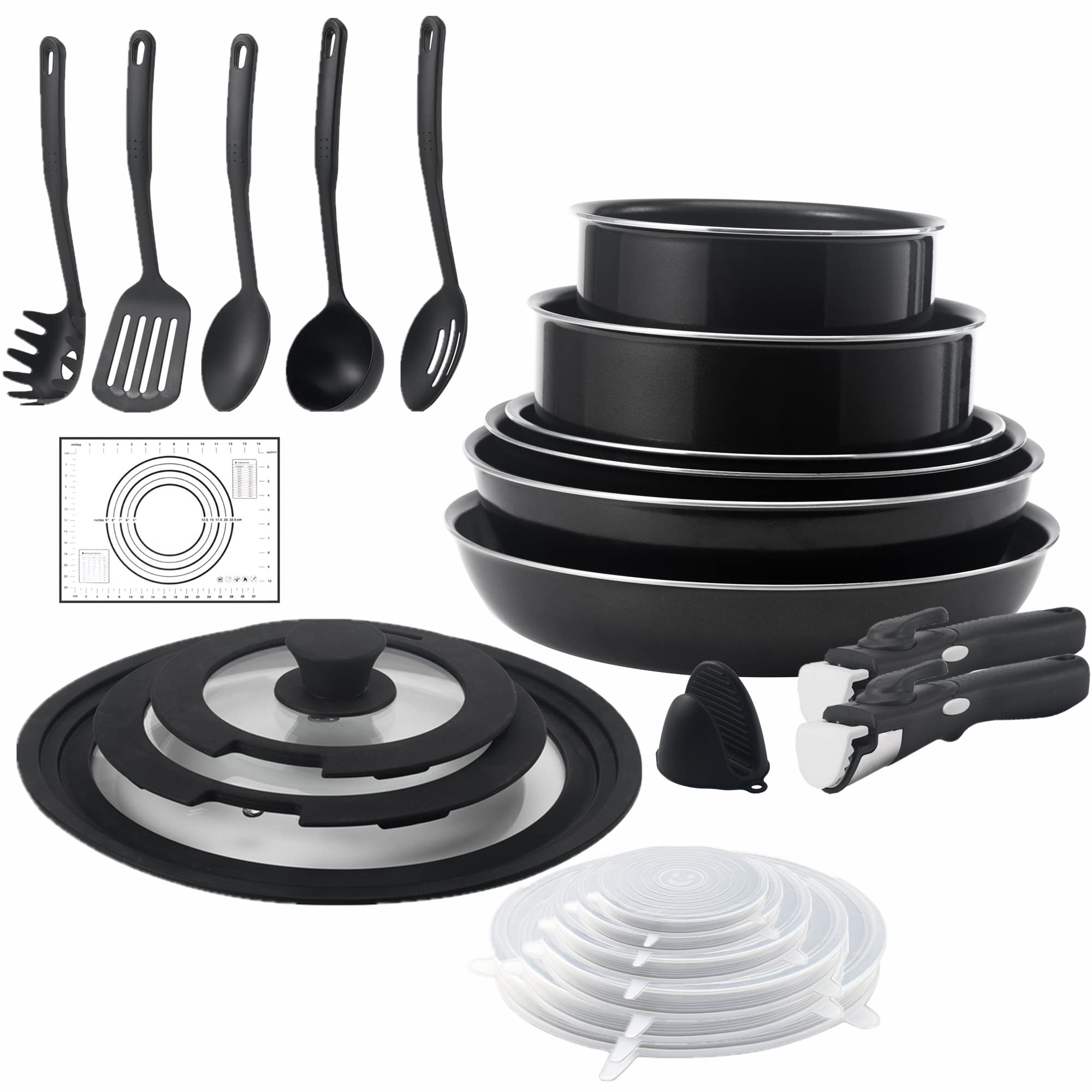 24-Piece Non-Stick Cookware Set with Removable Handles - Stackable Pots and Pans for RV, Camping & Home Use - Oven, Induction, Gas & Electric Stovetop Safe - Includes Silicone Pastry Mat - Dishwasher Safe - Perfect for Outdoor Adventures, Small Kitchens & Family Cooking