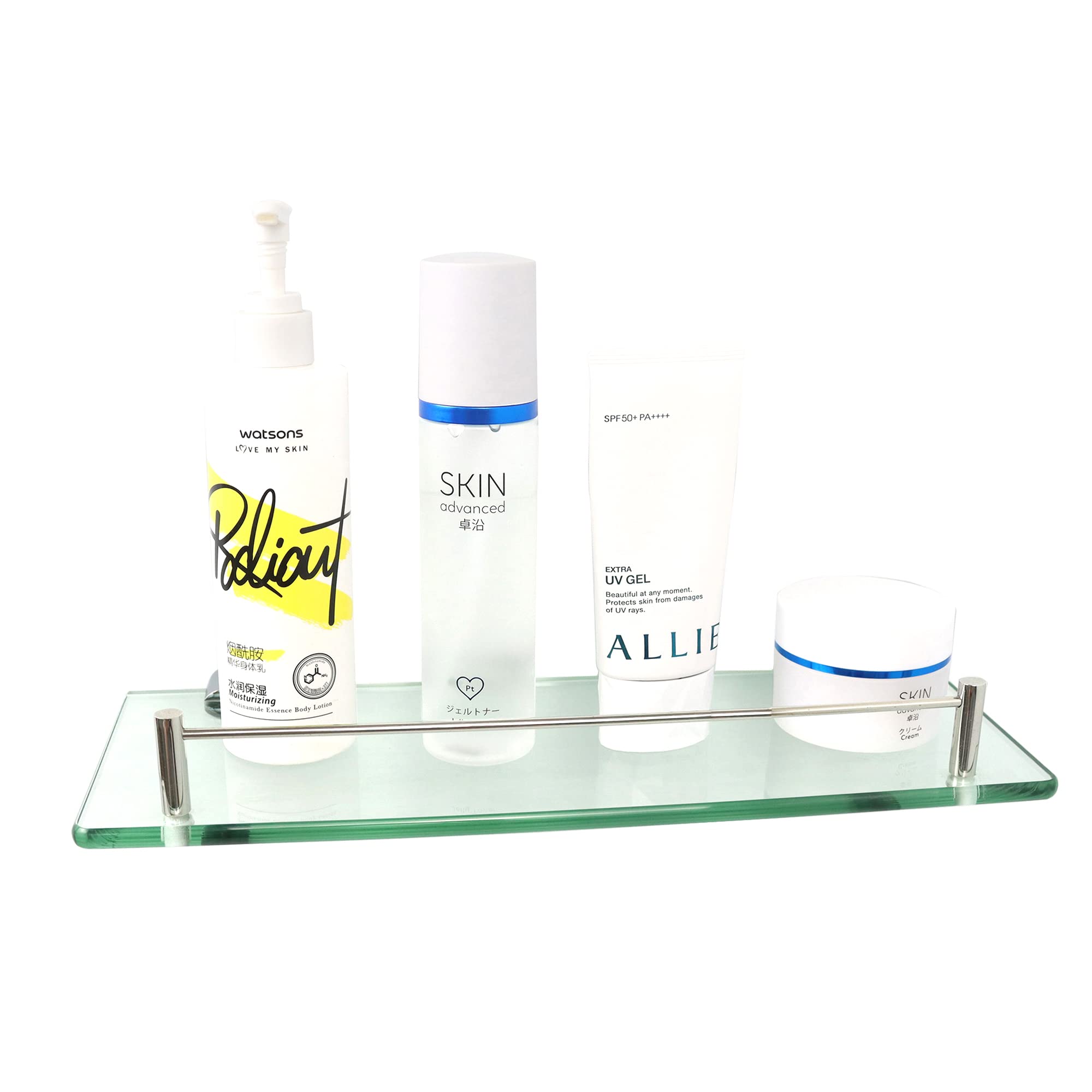 Mokhome Floating Bathroom Shelf - Tempered Clear Glass Shower Caddy with Towel Bar & Shampoo Holder, Wall Mounted Rectangle Shelf (1 Pack) - Rustproof SUS304 Stainless Steel Brackets - Perfect for Shower Organization & Bathroom Storage