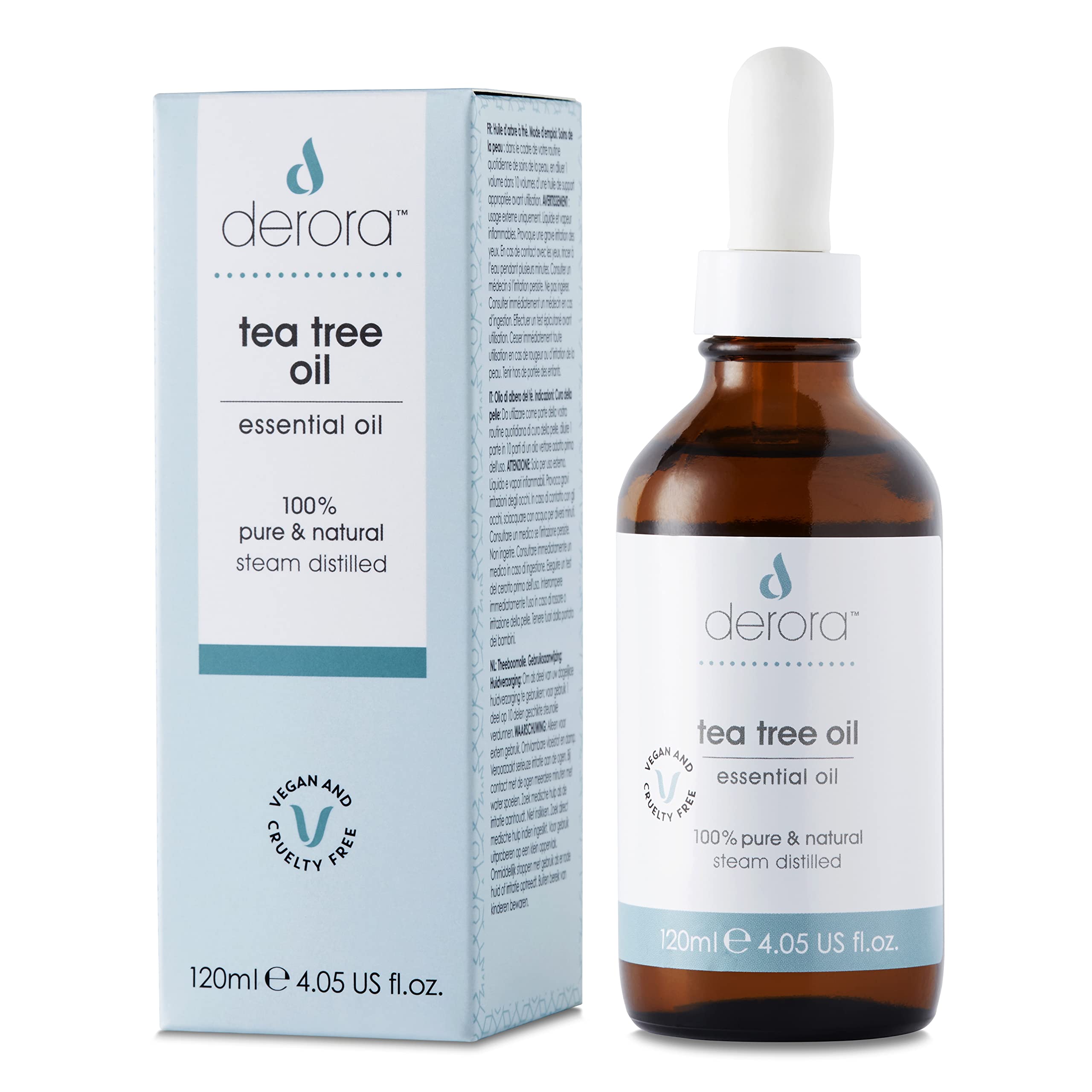 Derora 100% Pure Tea Tree Oil for Skin, Hair & Nails - Natural Antiseptic & Antioxidant Treatment - Steam Distilled Vegan Formula for All Skin Types - 120ml - Perfect for Acne Care, Scalp Treatment & Nail Fungus Relief