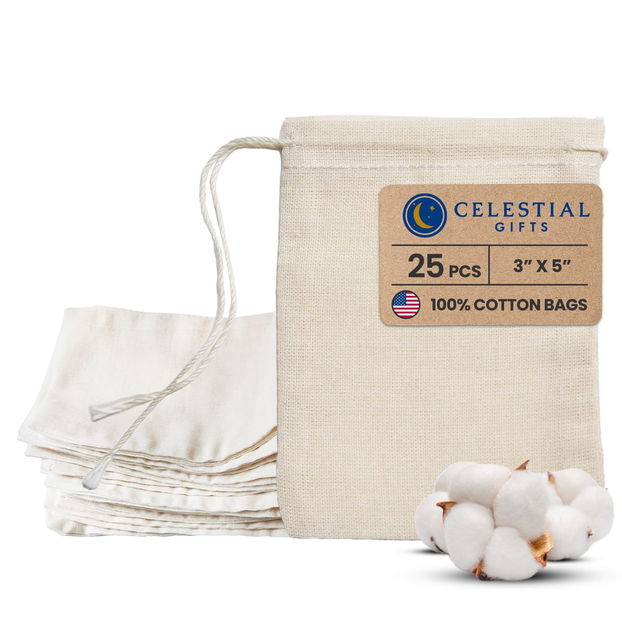 Premium 100% Cotton Muslin Drawstring Bags 25-Pack (3