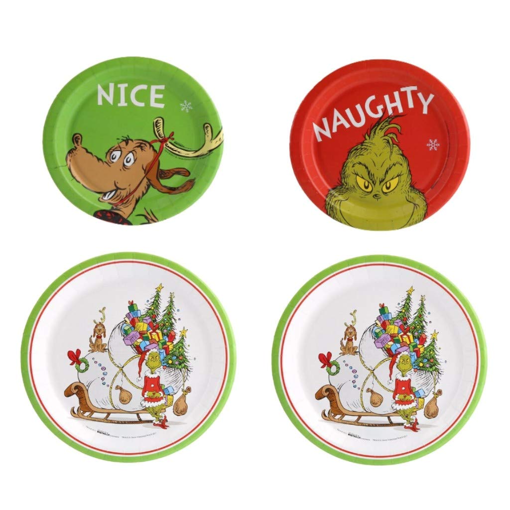 Dr. Seuss Grinch Christmas Party Dinner Plates Set for 16 Guests - 16 Dinner Plates & 16 Dessert Plates with Bonus Button - Perfect for Holiday Gatherings, Themed Parties & Festive Celebrations