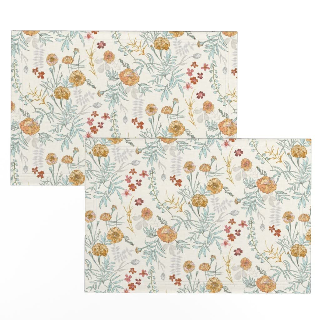 Linen Cotton Canvas Placemats Set of 2 - Cream Yellow Floral Retro Print Table Mats for Spring Summer Dining, Kitchen Decor, Picnic & Party Use