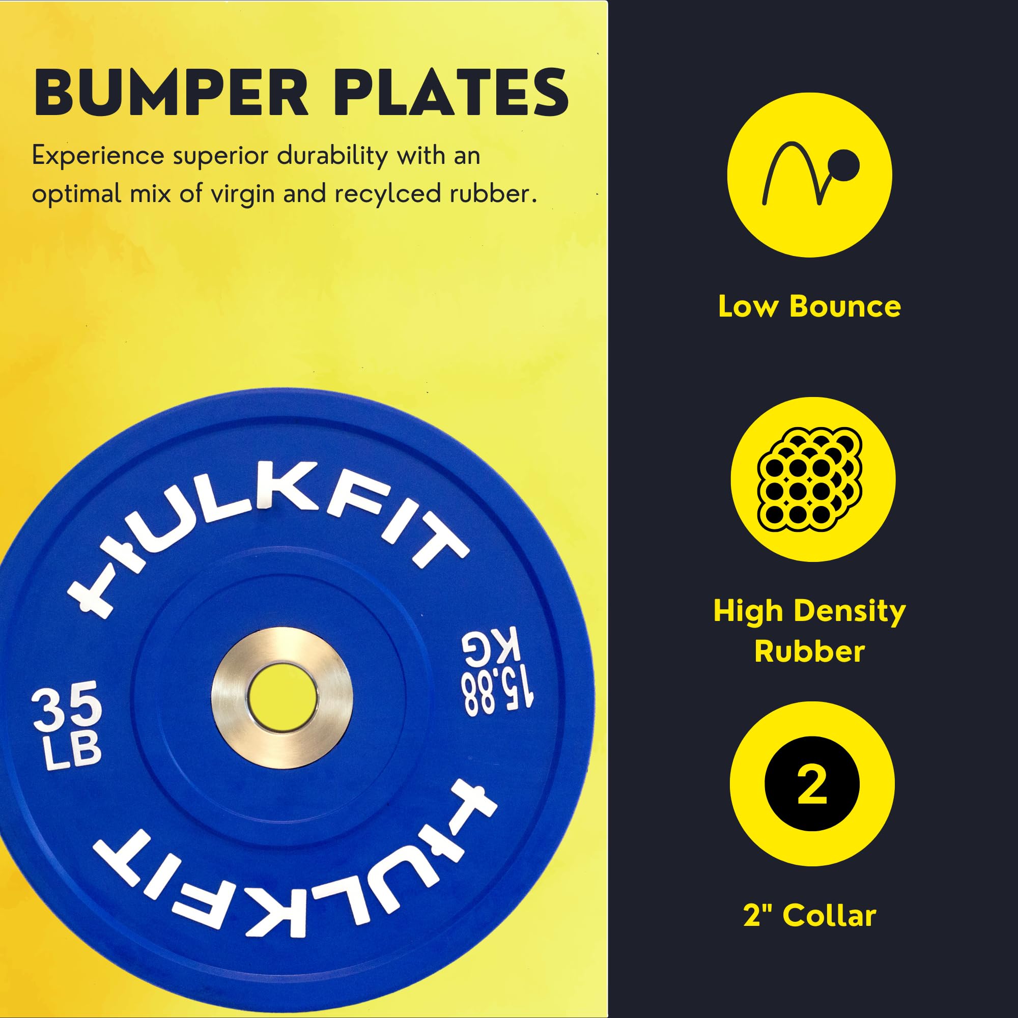 HulkFit 2-Inch Olympic Bumper Plates - 45LB Black & Color Weight Plates for CrossFit, Powerlifting & Strength Training | Shock Absorbing Low Bounce Rubber Plates for Home Gym & Commercial Use